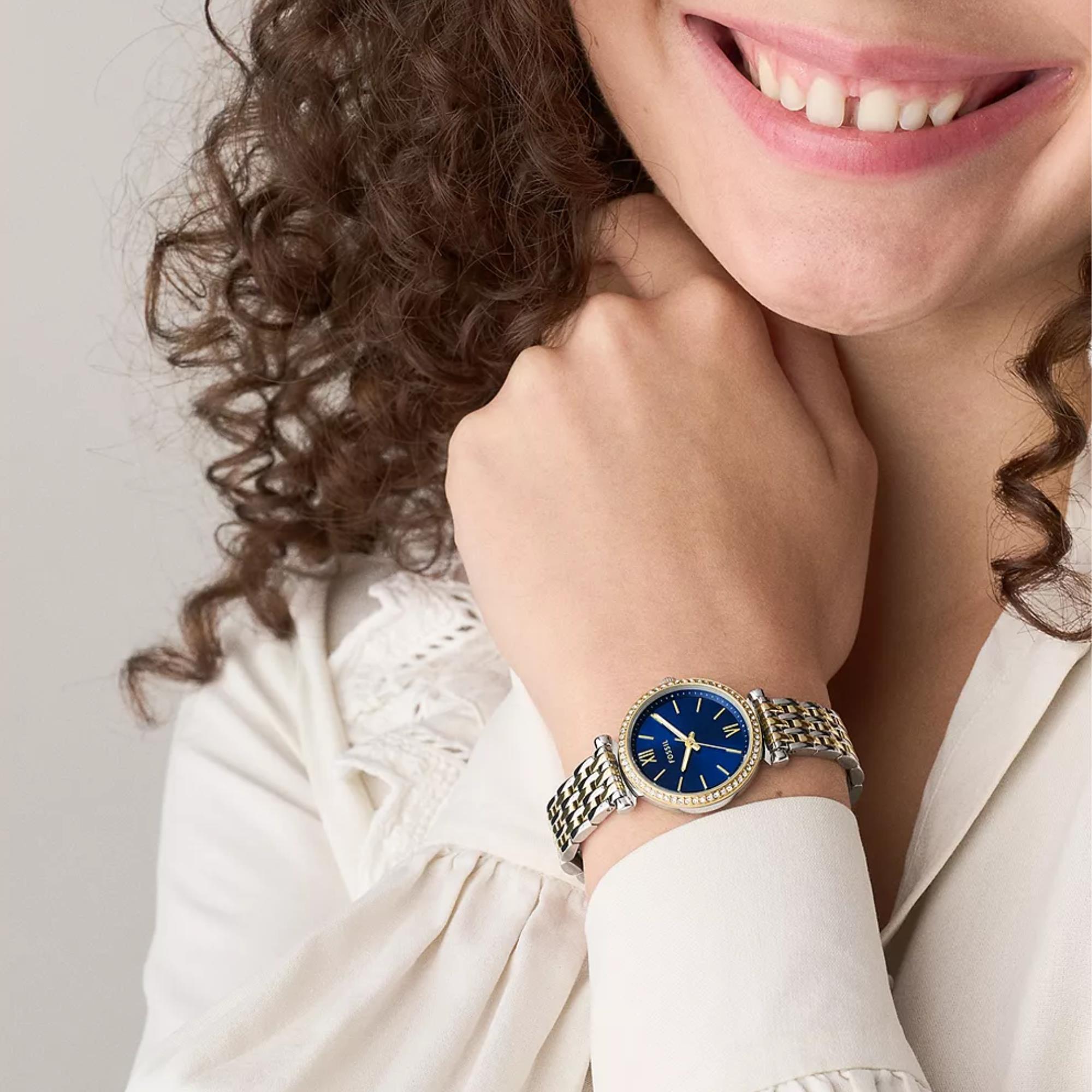 Fossil Carlie 28mm Blue Dial Steel Ladies Quartz Watch ES5438
