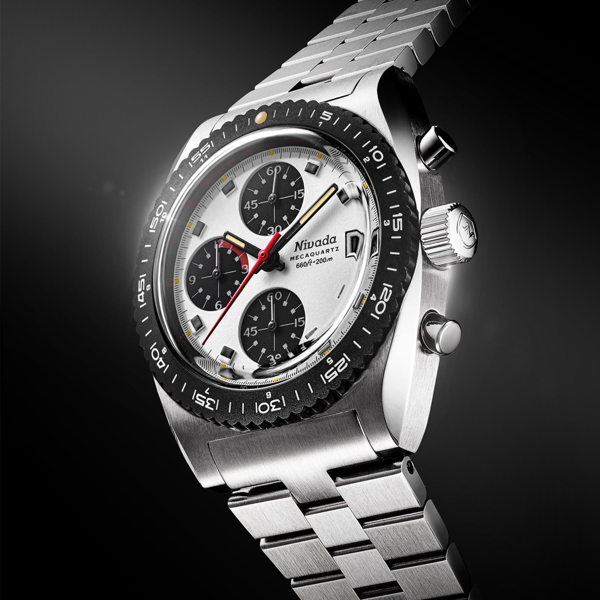 Steel chronograph watch with white dial, subdials, red seconds hand, black bezel