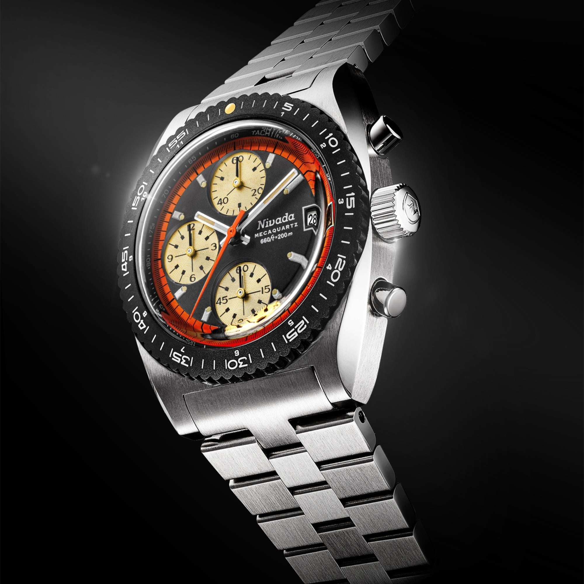 Men's steel chronograph watch with orange-accented black dial and crown detail