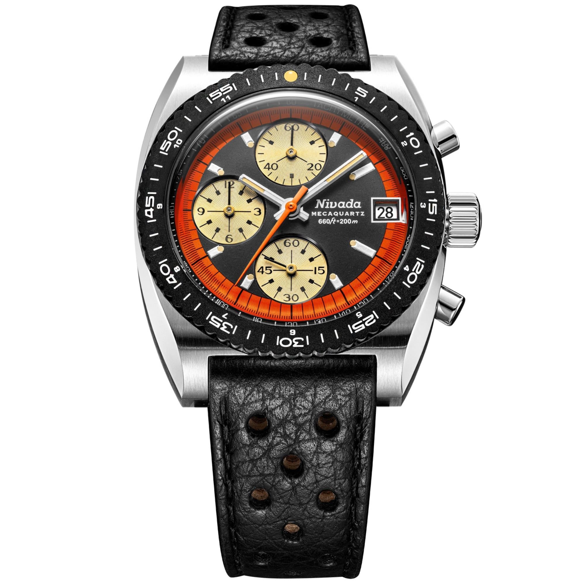 Men's quartz chronograph wristwatch with orange bezel, black dial, leather strap