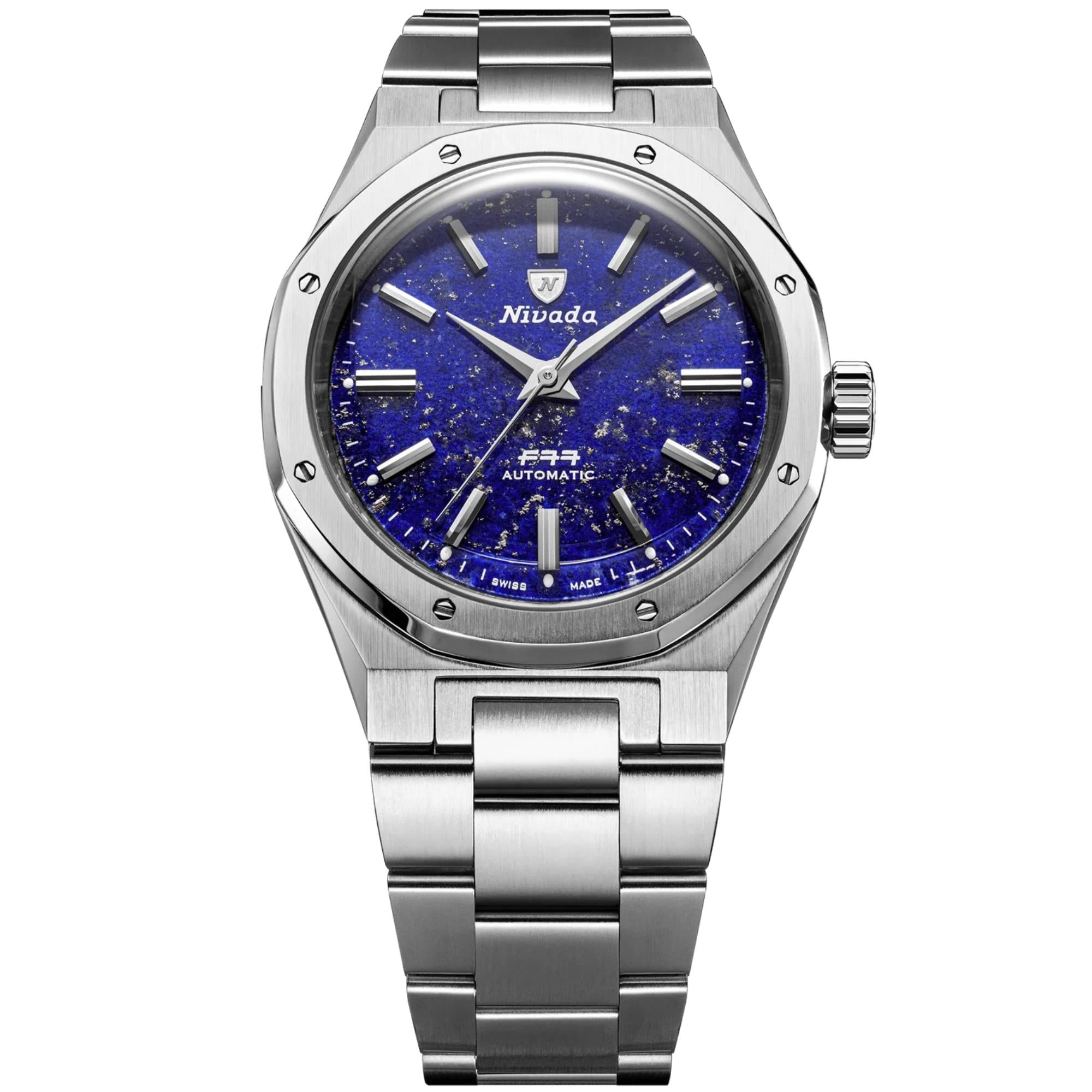 Nivada Grenchen F77 MK2 38mm Blue Dial Steel Mens Automatic Watch 68048A77