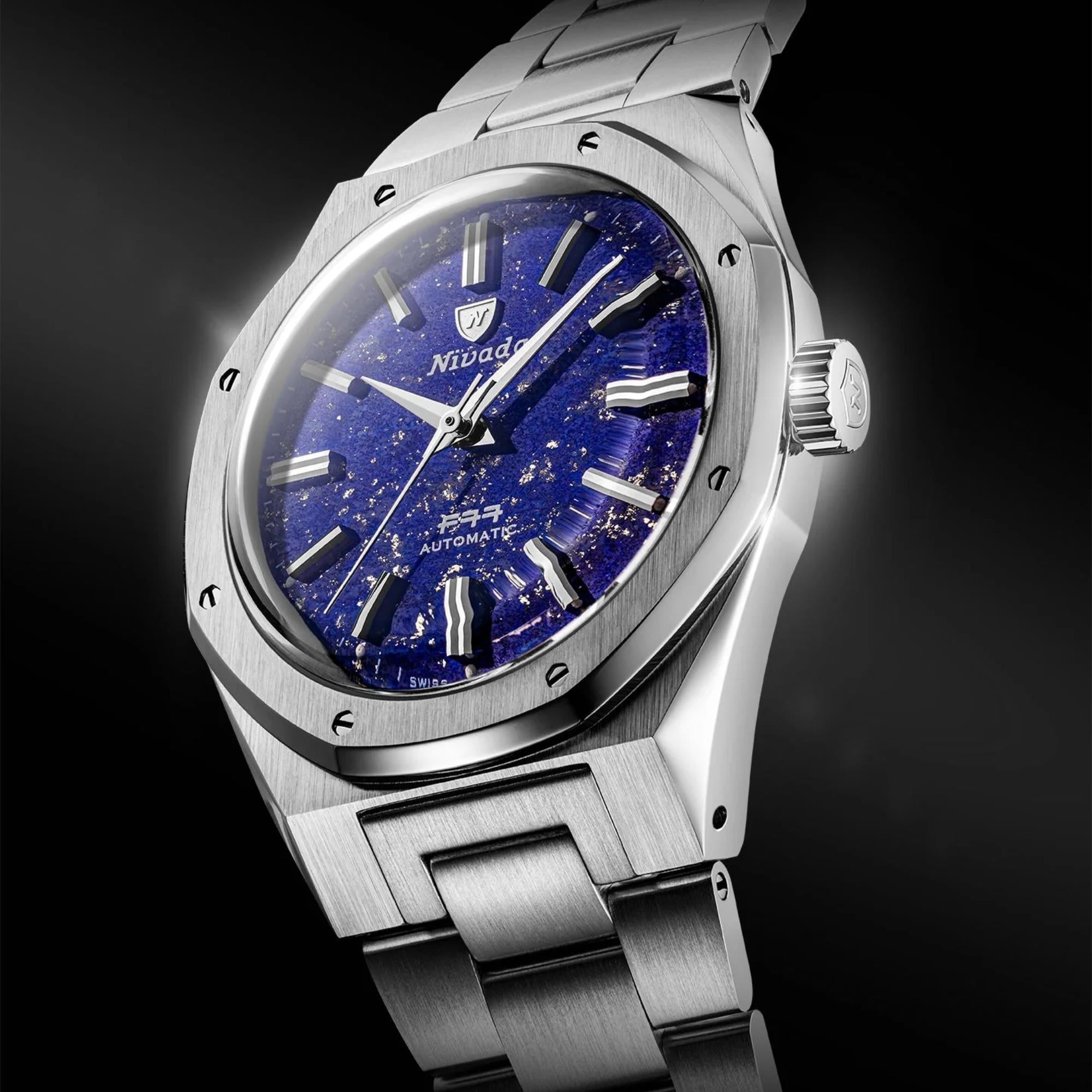Nivada Grenchen F77 MK2 38mm Blue Dial Steel Mens Automatic Watch 68048A77