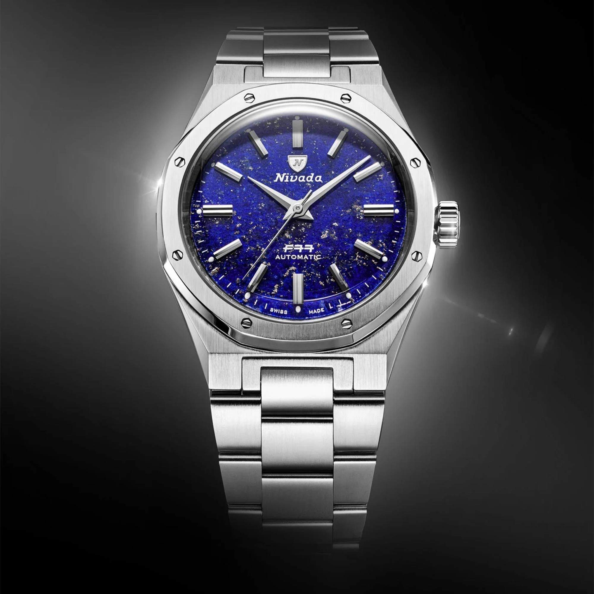 Nivada Grenchen F77 MK2 38mm Blue Dial Steel Mens Automatic Watch 68048A77