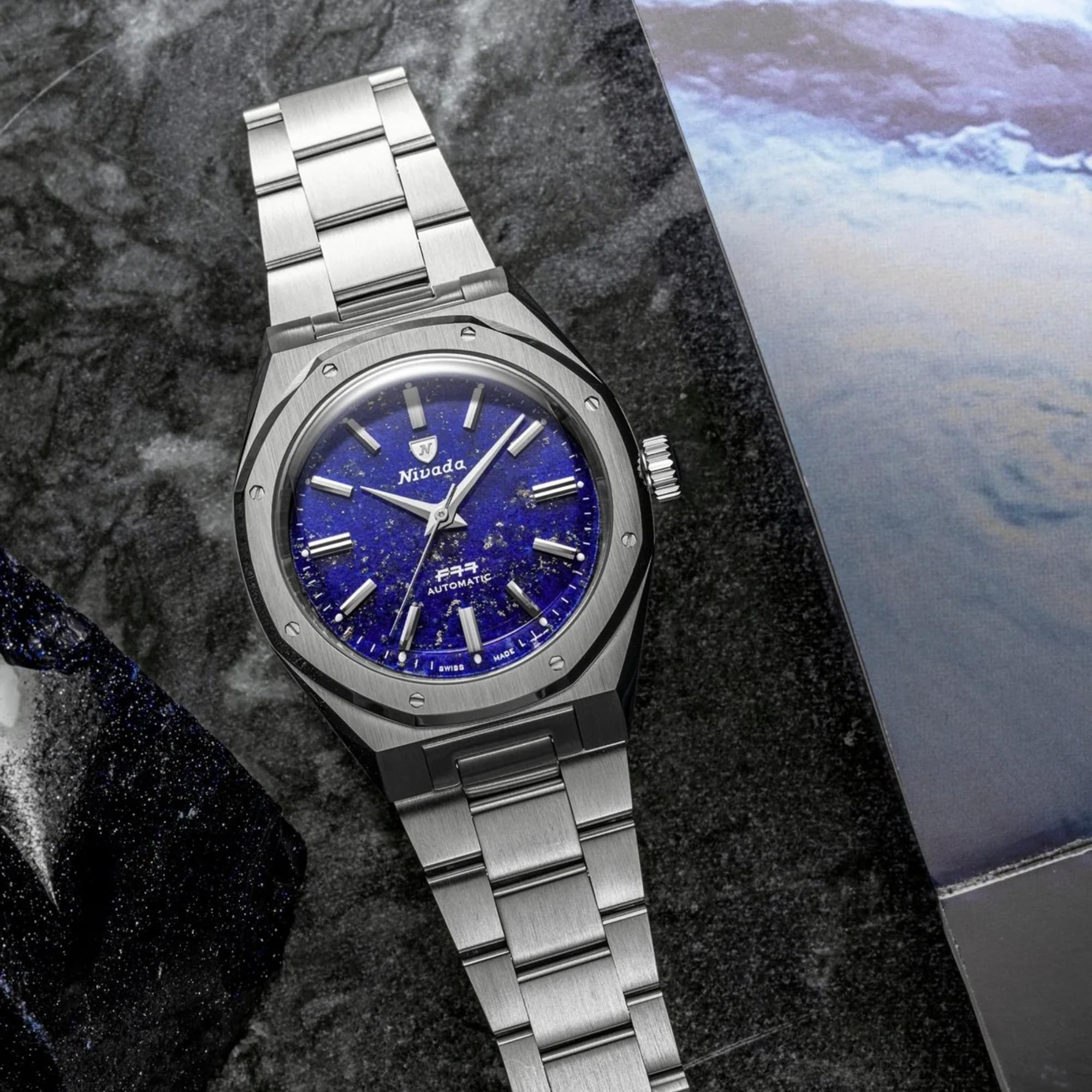 Nivada Grenchen F77 MK2 38mm Blue Dial Steel Mens Automatic Watch 68048A77