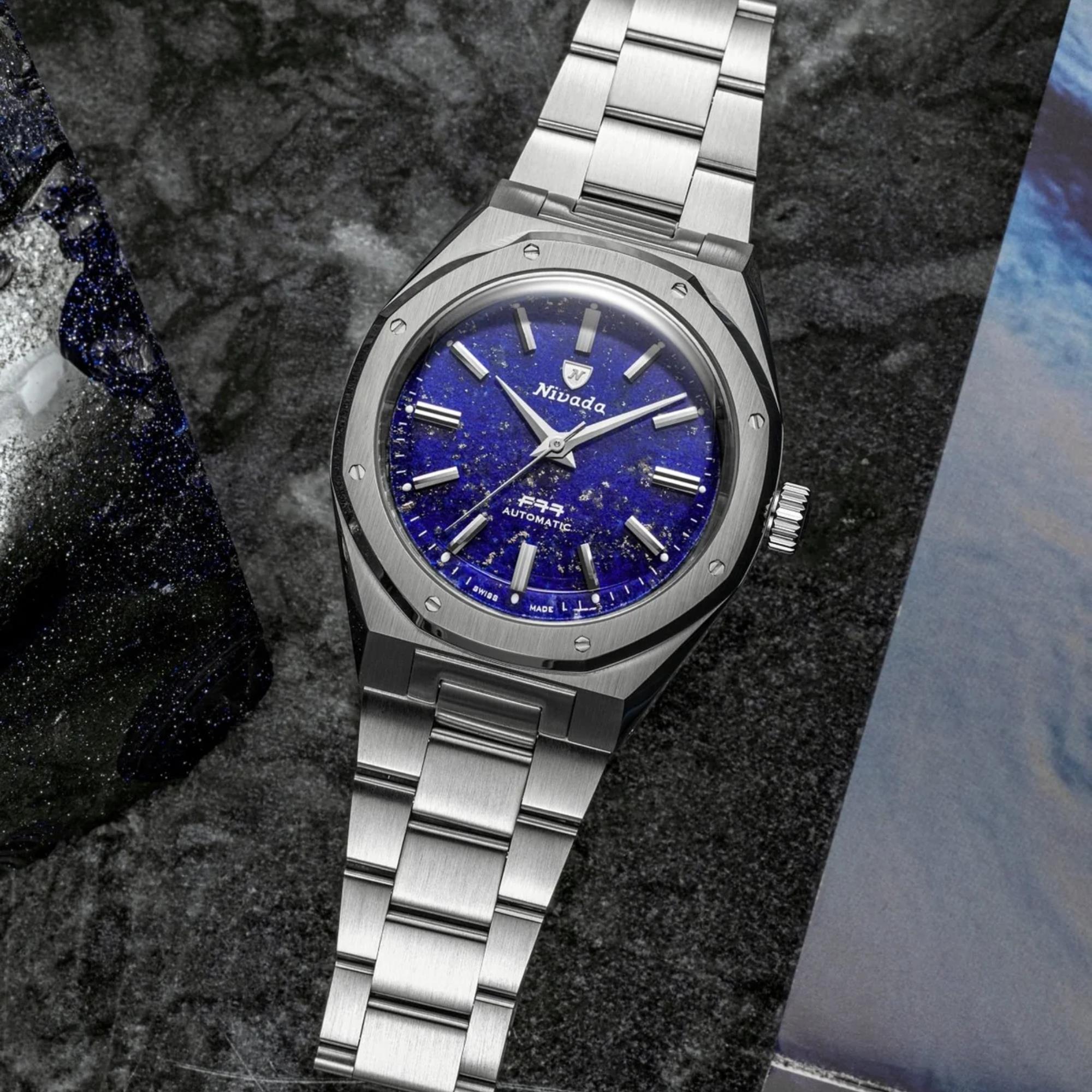 Nivada Grenchen F77 MK2 38mm Blue Dial Steel Mens Automatic Watch 68048A77