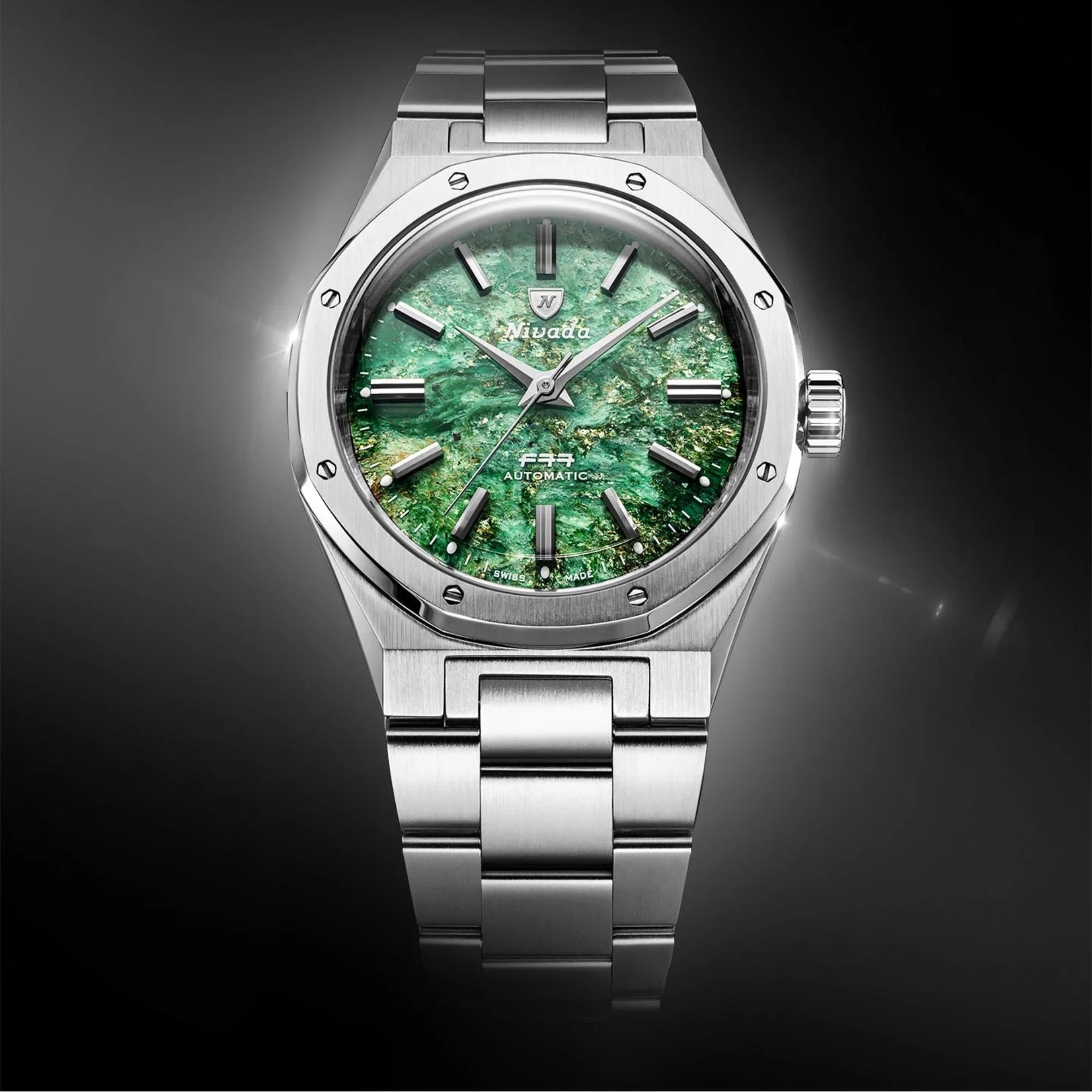 Nivada Grenchen F77 MK2 38mm Green Dial Steel Mens Automatic Watch 68053A77