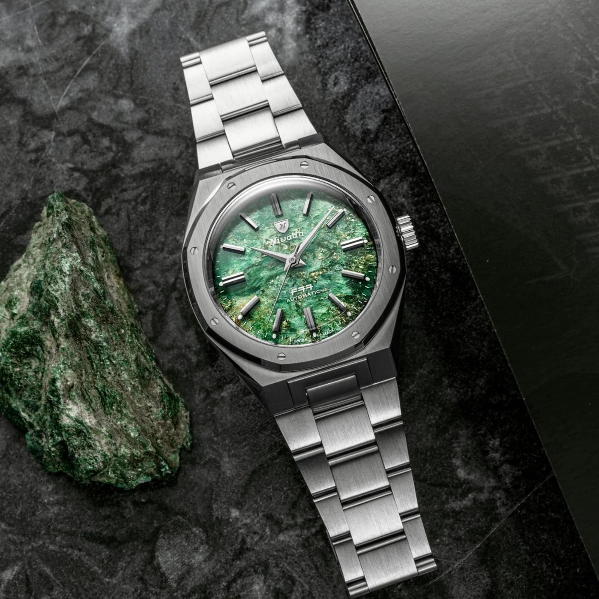 Nivada Grenchen F77 MK2 38mm Green Dial Steel Mens Automatic Watch 68053A77