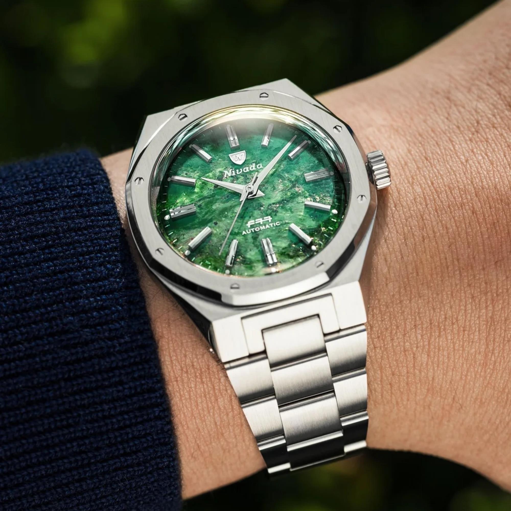 Nivada Grenchen F77 MK2 38mm Green Dial Steel Mens Automatic Watch 68053A77