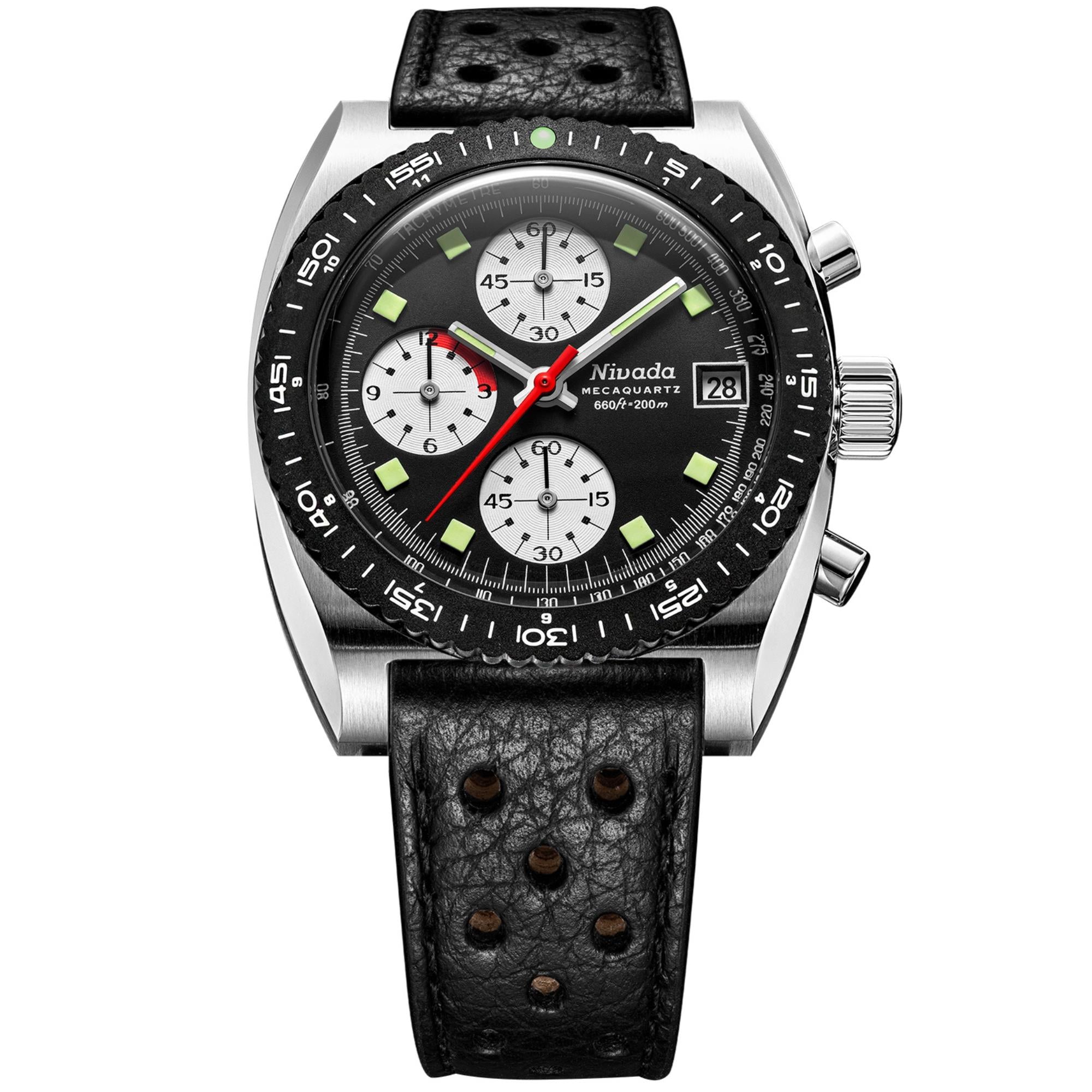 Nivada Grenchen Autochron Mecaquartz 38mm Reverse Panda Black Dial Leather Mens Quartz Watch 77007Q10