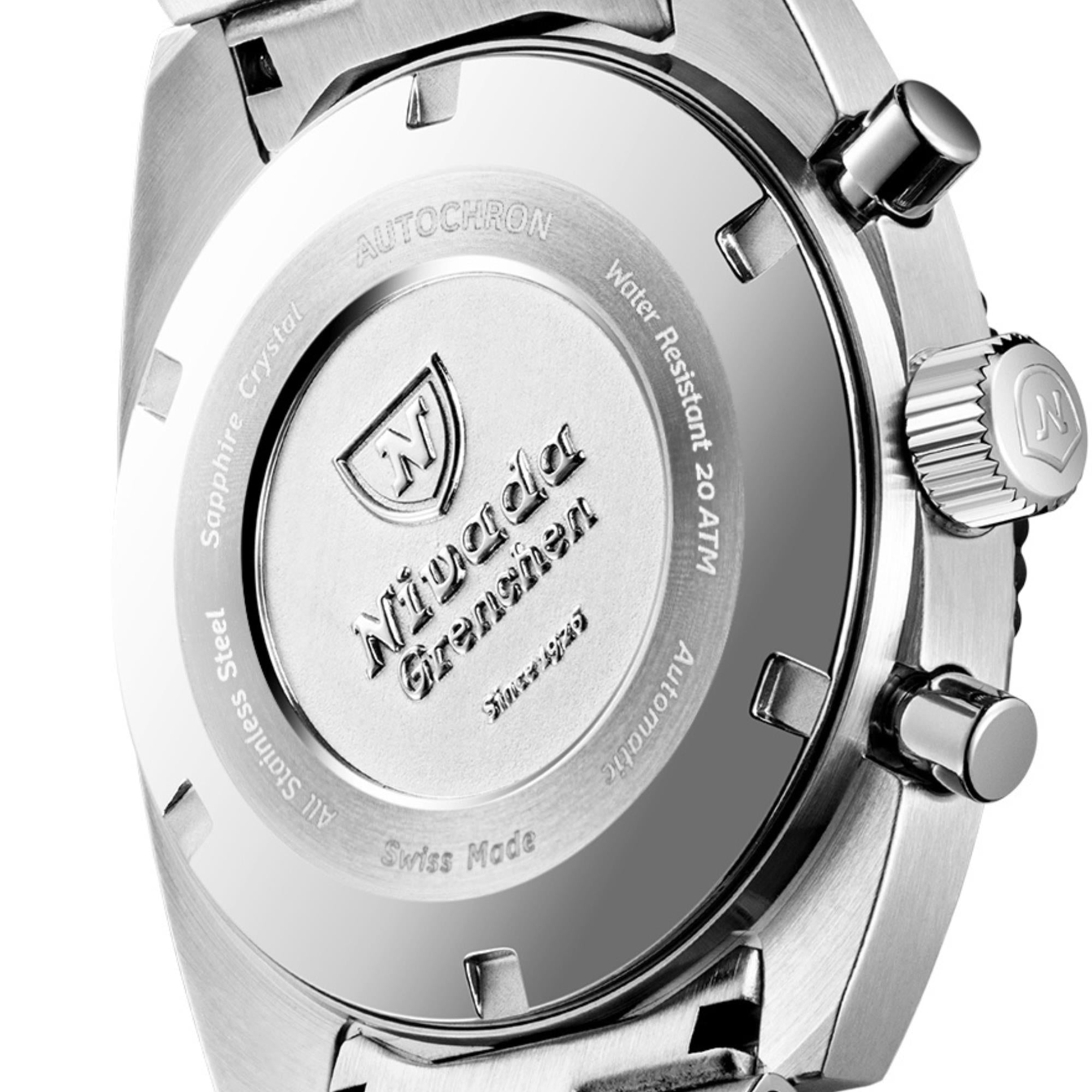 Nivada Grenchen Autochron Mecaquartz 38mm Reverse Panda Black Dial Leather Mens Quartz Watch 77007Q10