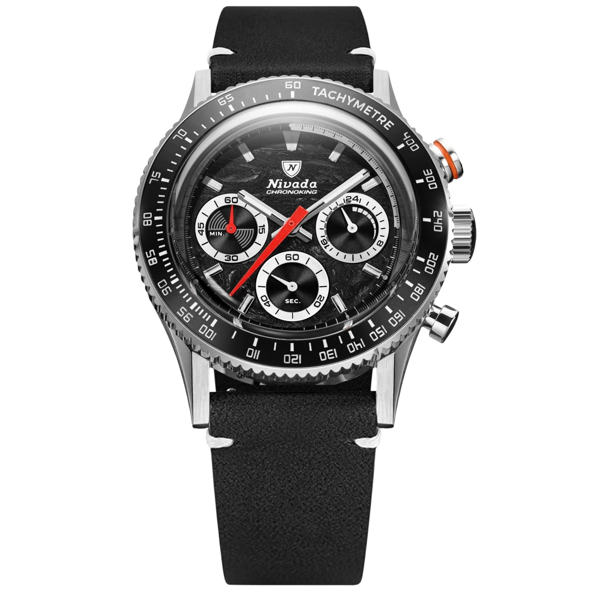 Nivada Grenchen Chronoking Mecaquartz Racing 38mm Chronograph Black Dial Leather Mens Quartz Watch 87048Q15