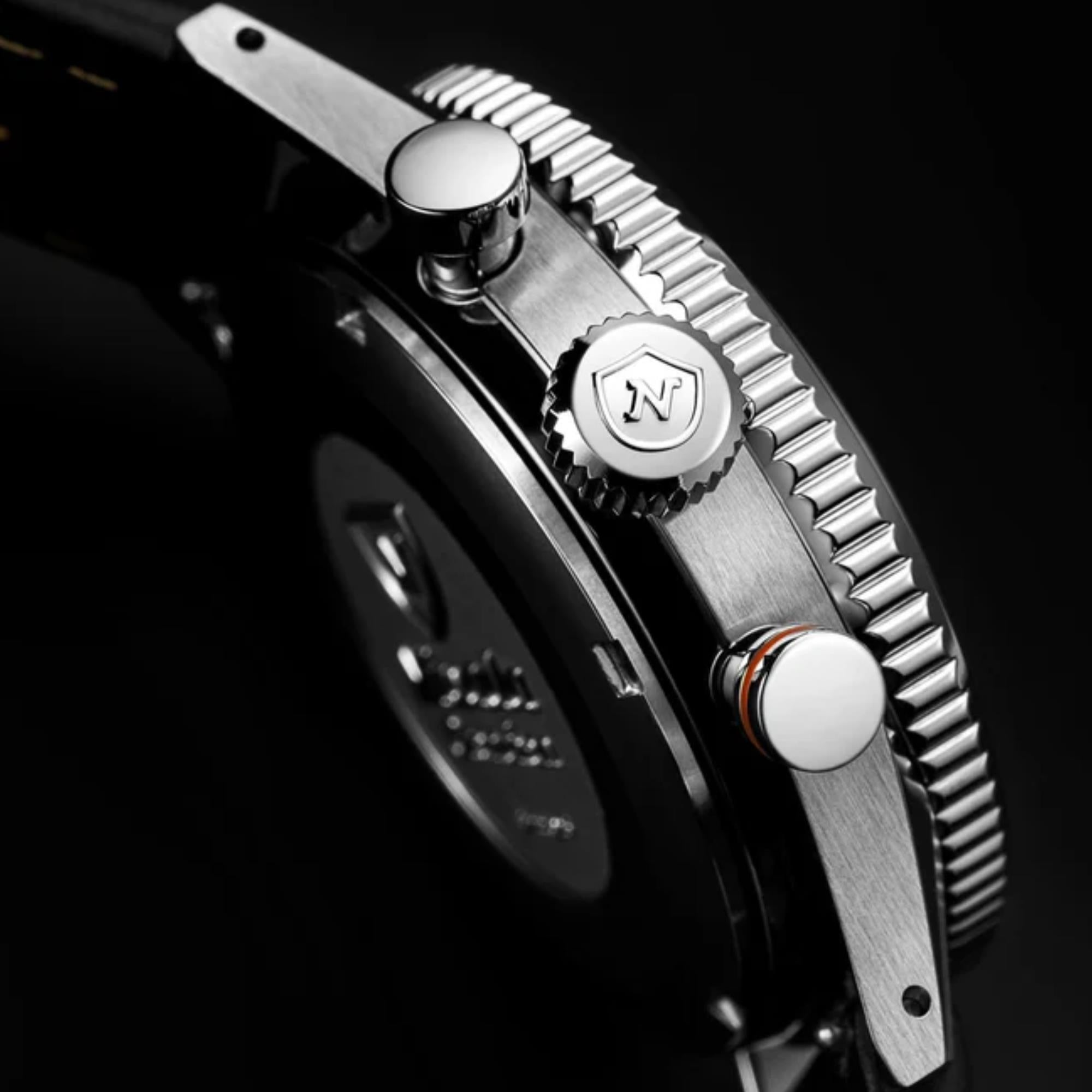 Nivada Grenchen Chronoking Mecaquartz Racing 38mm Chronograph Black Dial Leather Mens Quartz Watch 87048Q15