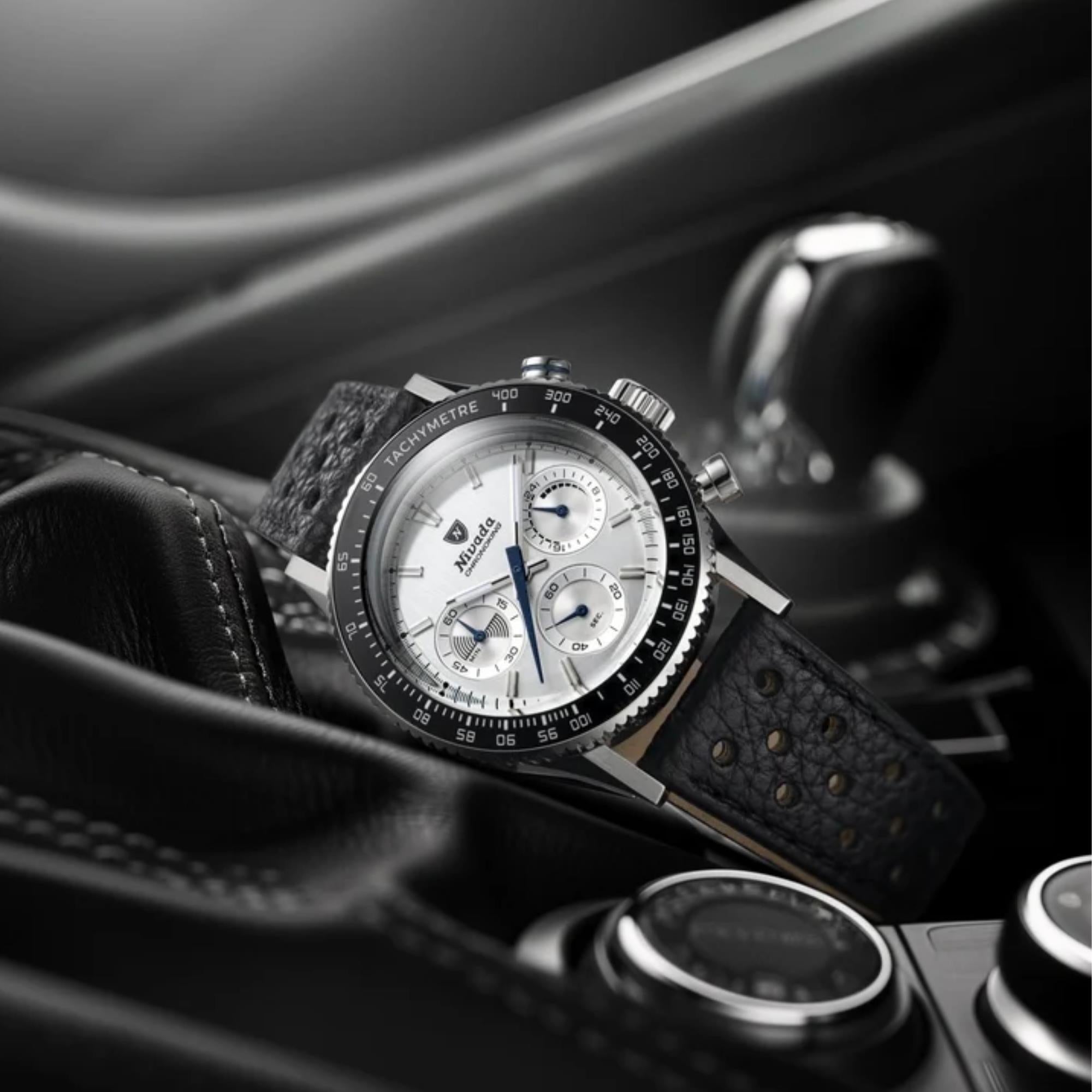 Nivada Grenchen Chronoking Mecaquartz Racing 38m Chronograph Silver Dial Leather Mens Quartz Watch 87046Q10