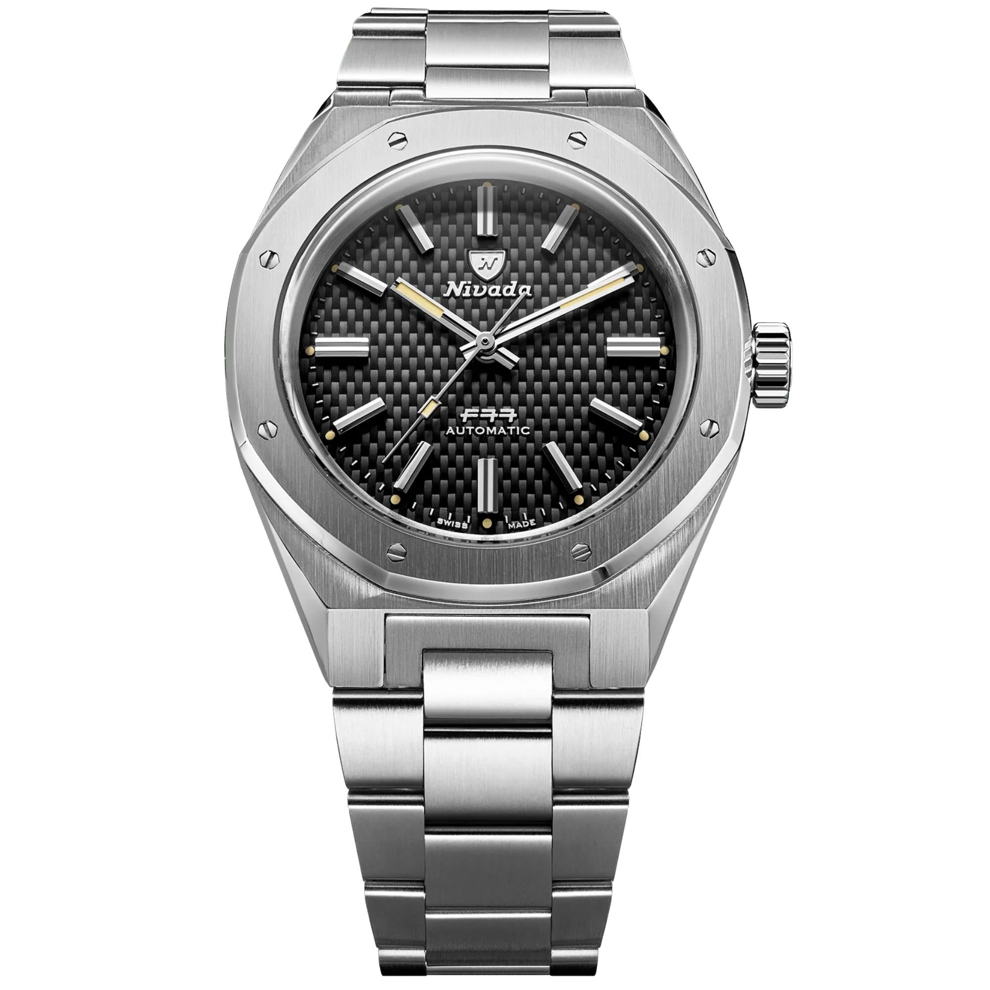 Nivada Grenchen F77 MK2 41mm Black Dial Steel Mens Automatic Watch 68041A77A