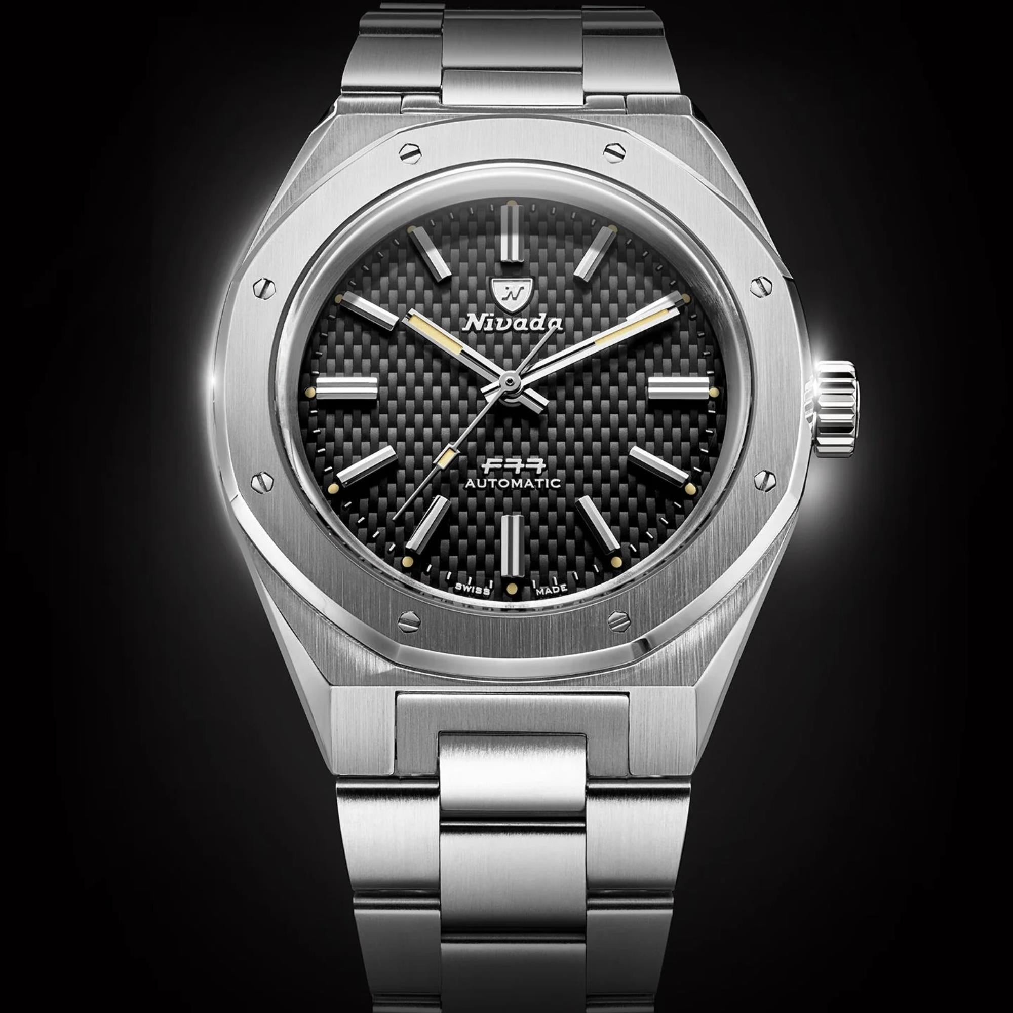 Nivada Grenchen F77 MK2 41mm Black Dial Steel Mens Automatic Watch 68041A77A