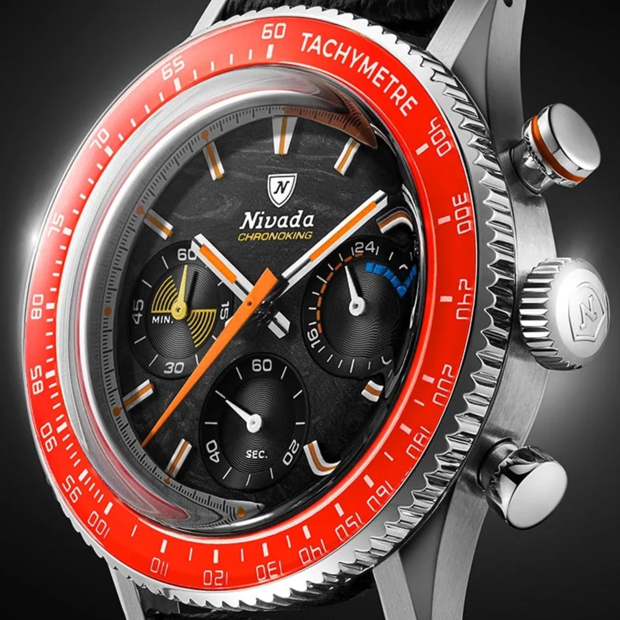 Nivada Grenchen Chronoking Mecaquartz Racing Carbon 38mm Limited Edition Chronograph Black Dial Rubber Mens Quartz Watch 87049Q01