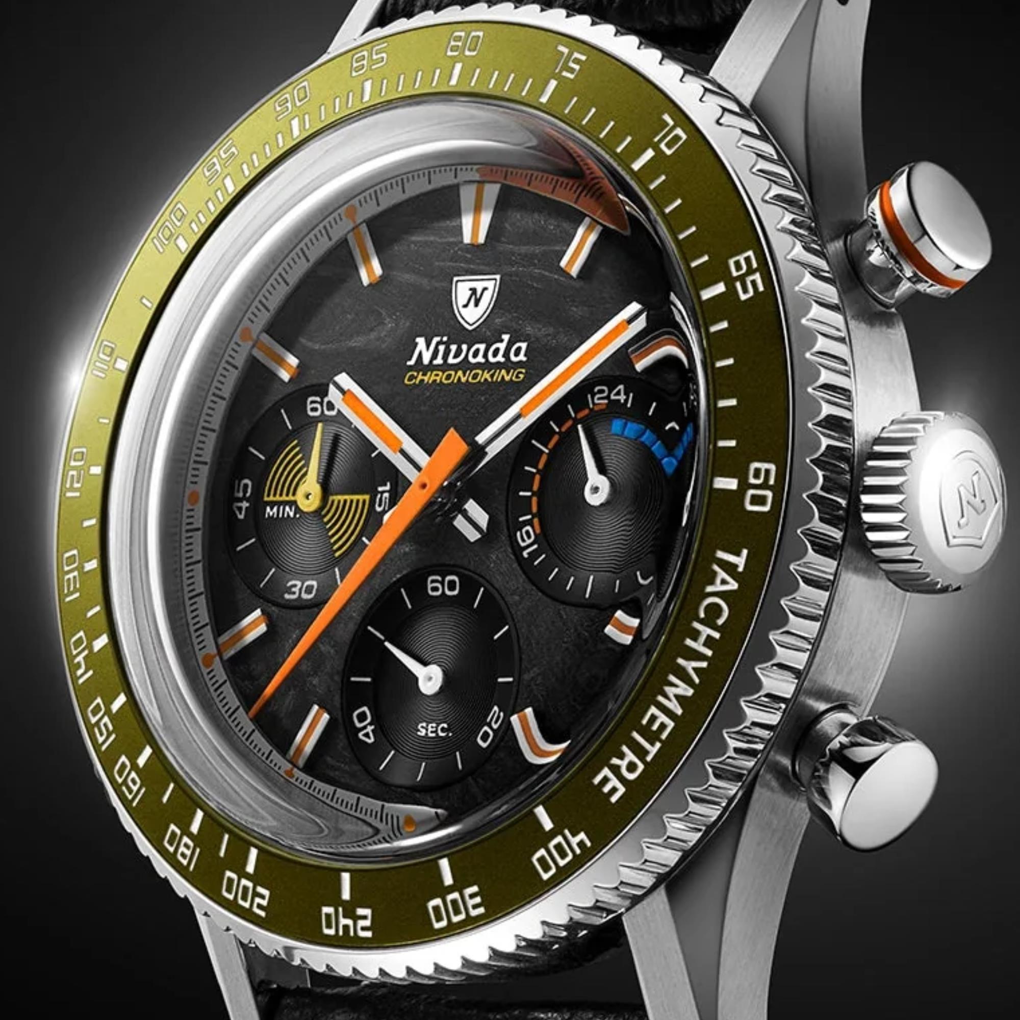 Nivada Grenchen Chronoking Mecaquartz Racing Carbon 38mm Limited Edition Chronograph Black Dial Rubber Mens Quartz Watch 87049Q01