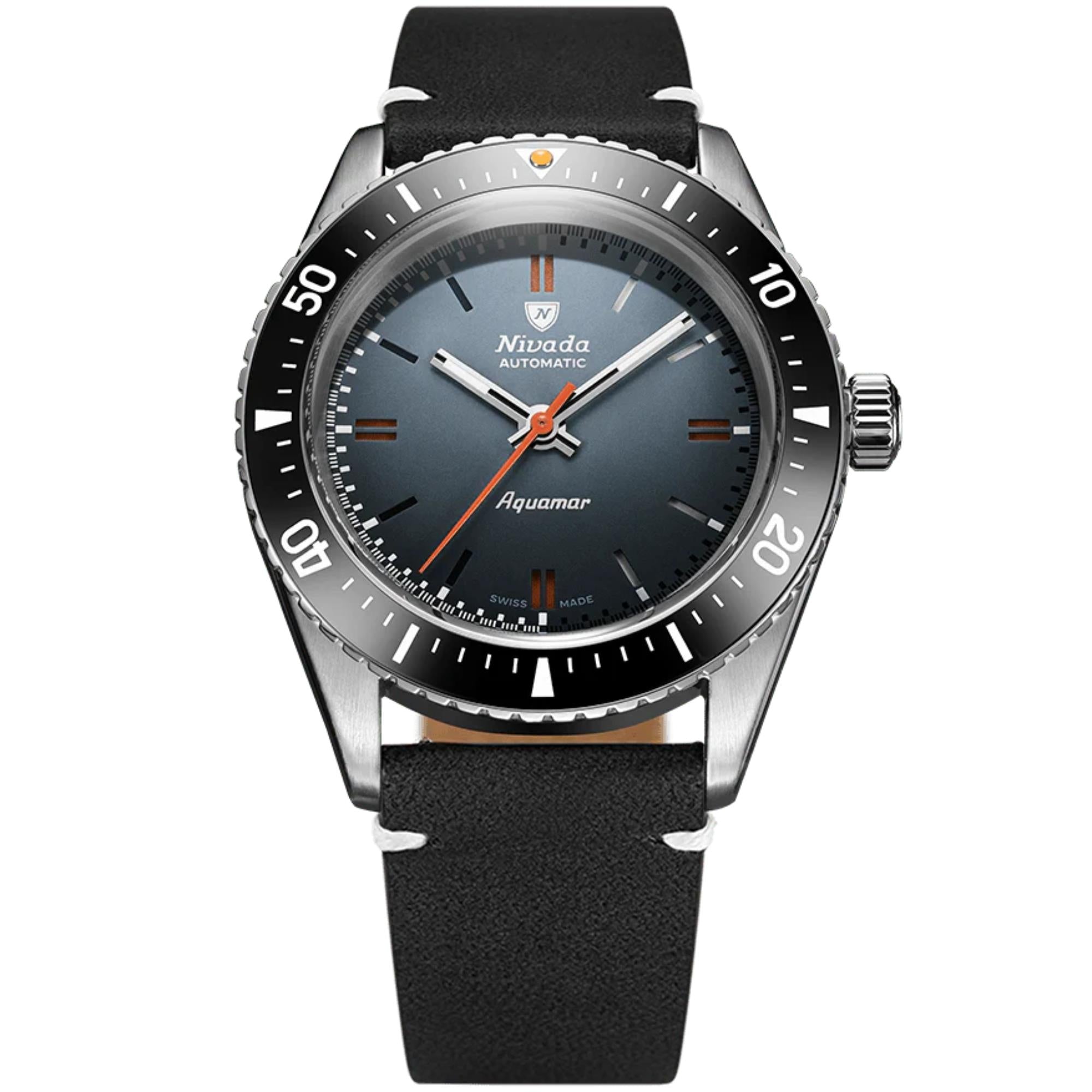 Nivada Grenchen Aquamar 38mm Grey Dial Leather Mens Automatic Watch 32077A15