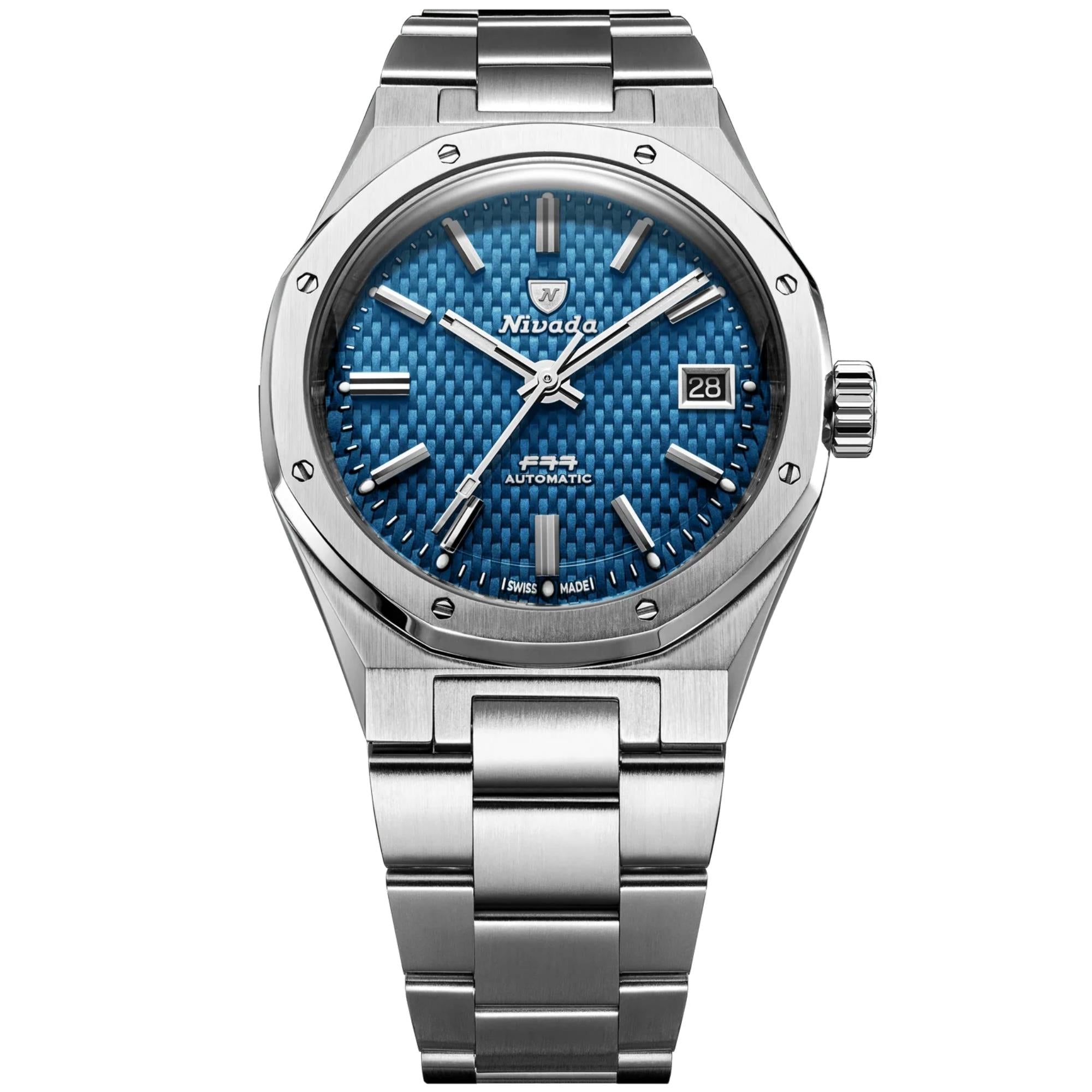 Nivada Grenchen F77 MK2 38mm Blue Dial Steel Mens Automatic Watch 69013A77