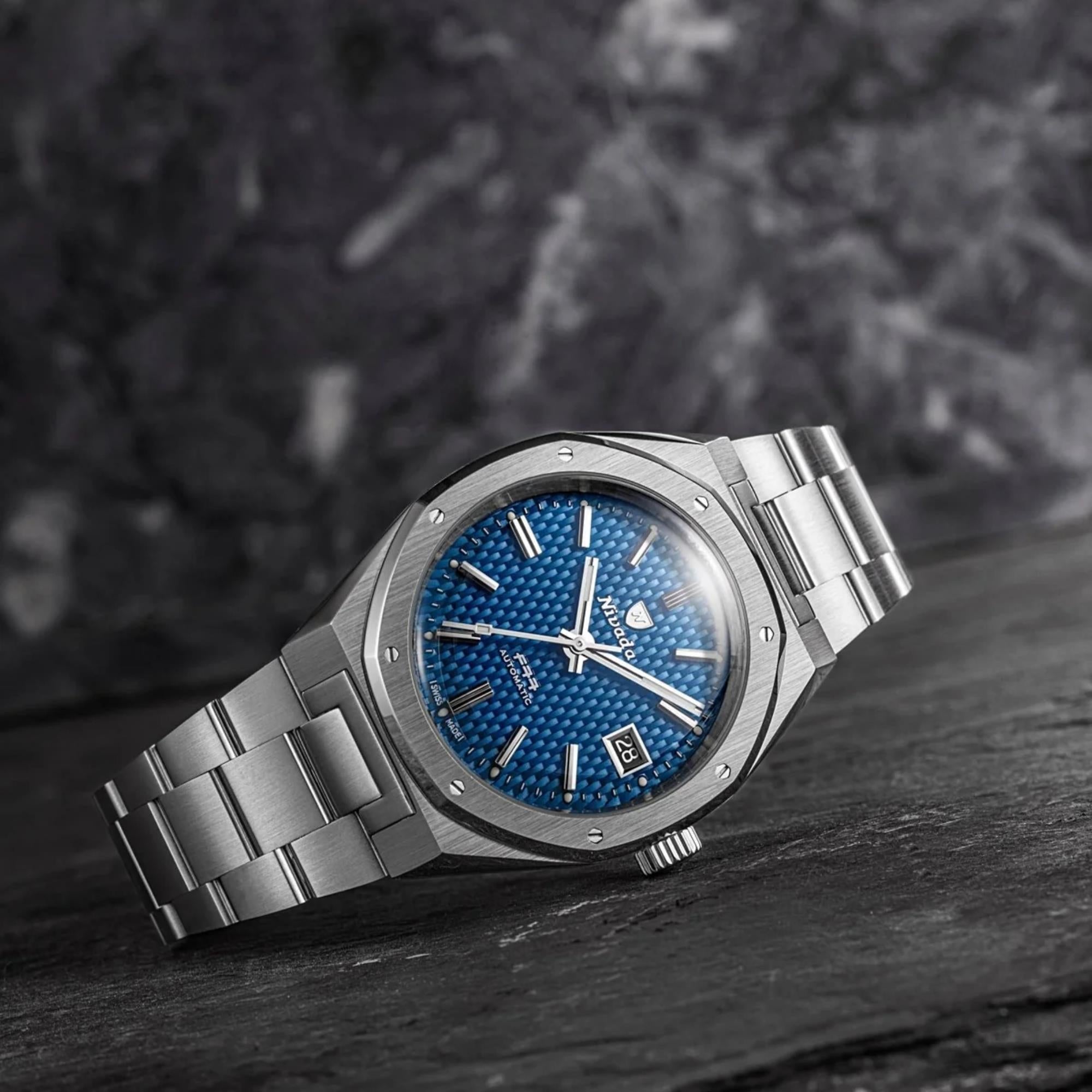 Nivada Grenchen F77 MK2 38mm Blue Dial Steel Mens Automatic Watch 69013A77