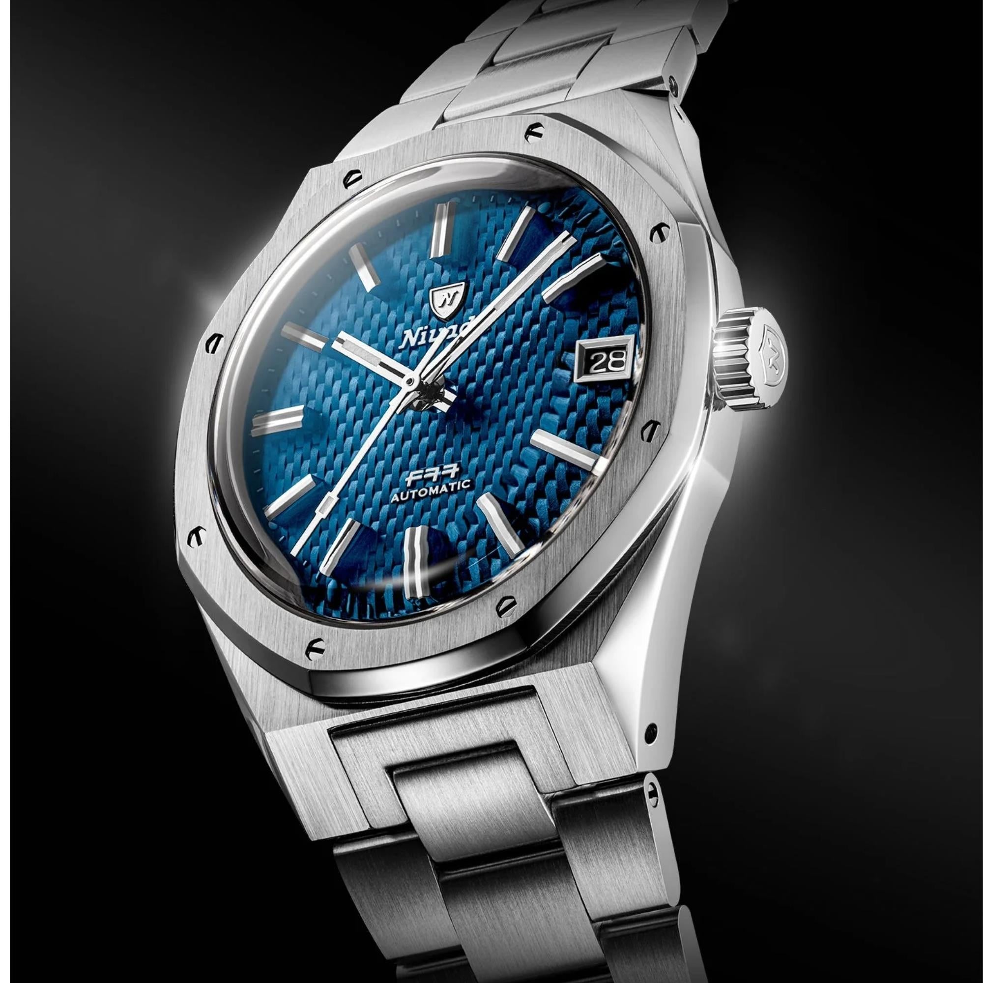 Nivada Grenchen F77 MK2 38mm Blue Dial Steel Mens Automatic Watch 69013A77