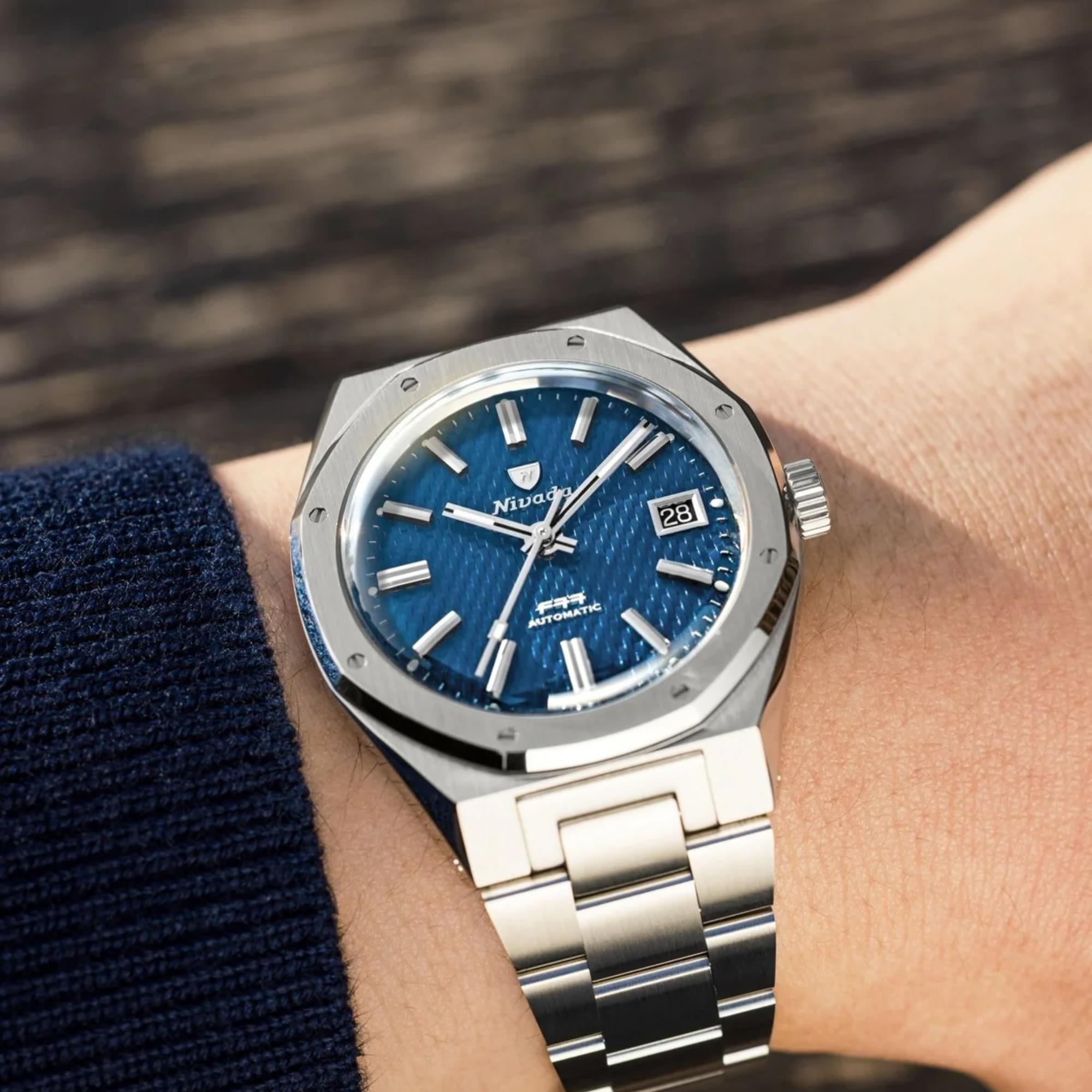 Nivada Grenchen F77 MK2 38mm Blue Dial Steel Mens Automatic Watch 69013A77