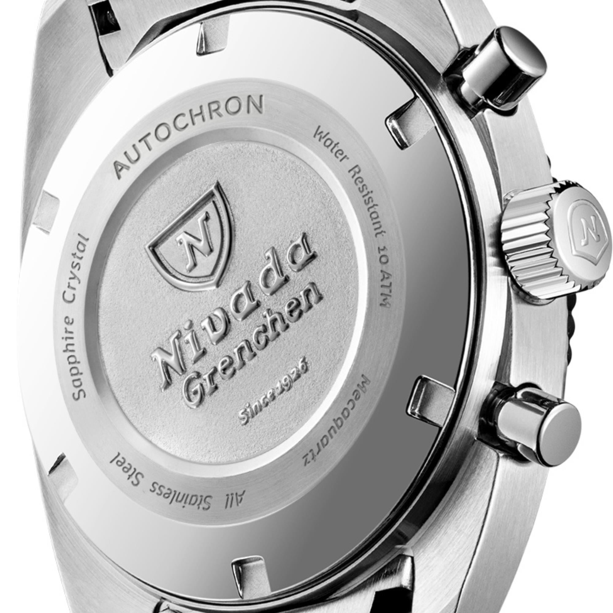 Nivada Grenchen Autochron Mecaquartz 38mm Panda Chronograph White Dial Leather Mens Quartz Watch 77006Q10