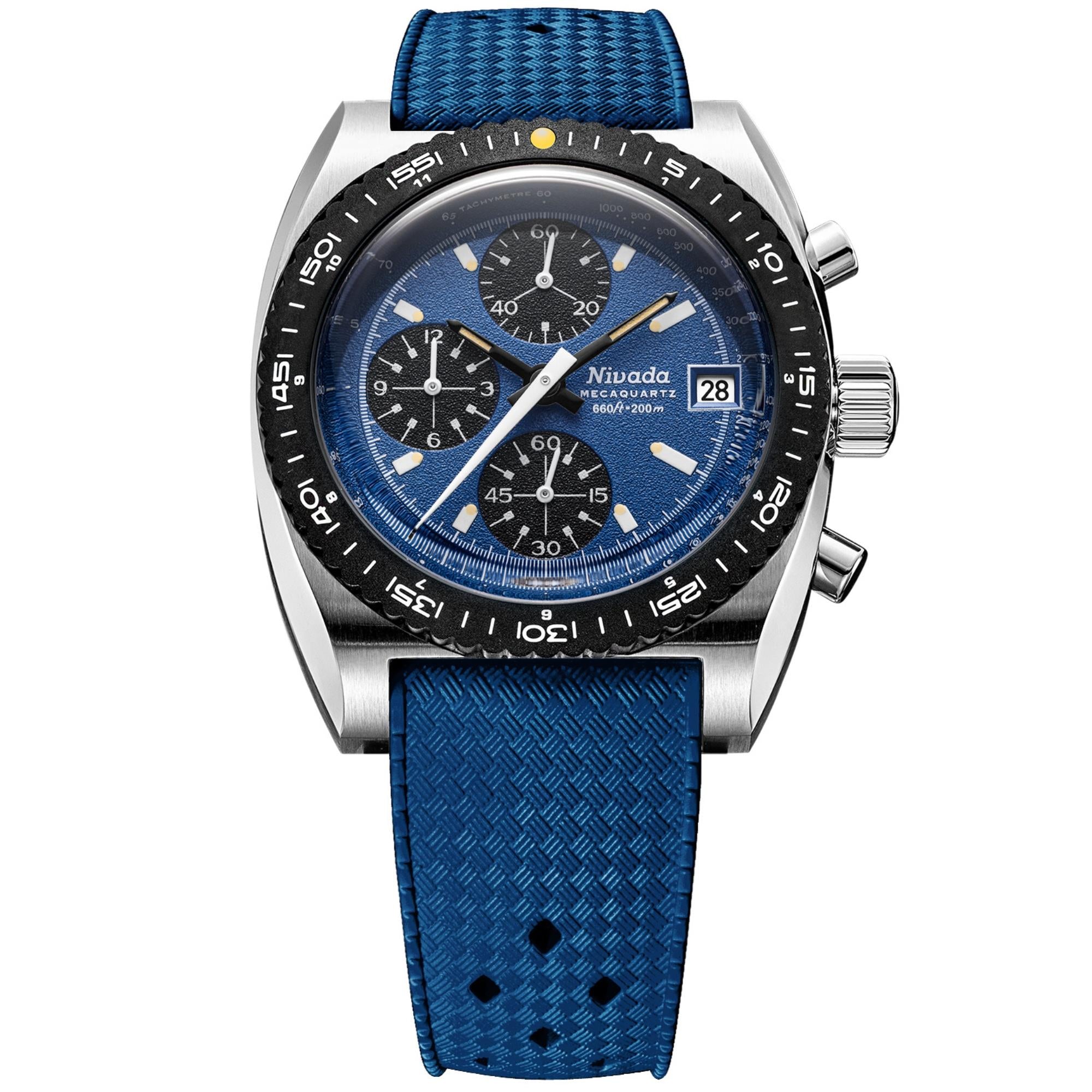 Nivada Grenchen Autochron Mecaquartz 38mm Chronograph Blue Dial Rubber Mens Quartz Watch 77005Q24