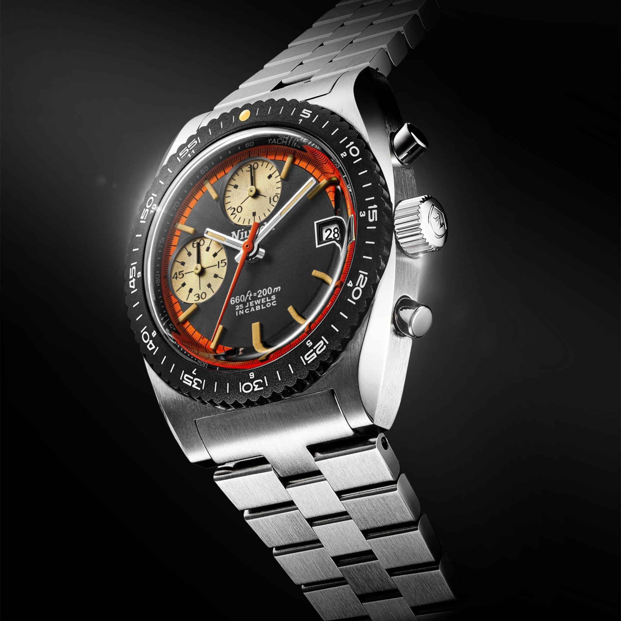 Nivada Grenchen Autochron 38mm Orange Chronograph Black Dial Steel Mens Automatic Watch 77004A45