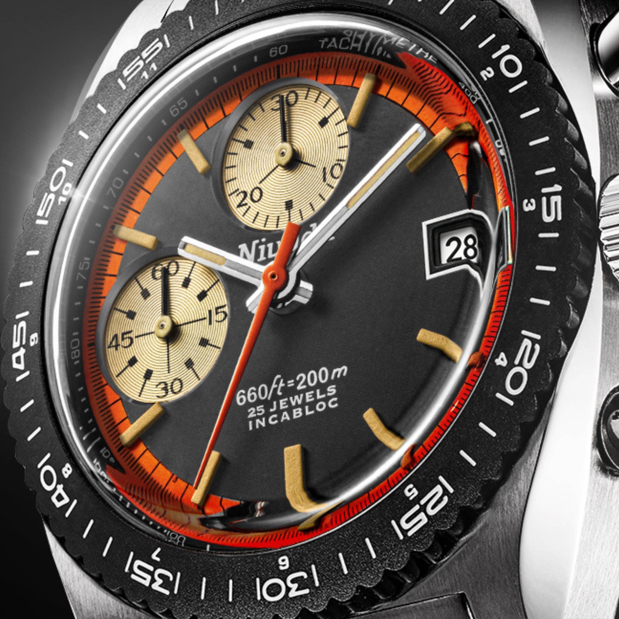 Nivada Grenchen Autochron 38mm Orange Chronograph Black Dial Rubber Mens Automatic Watch 77004A27