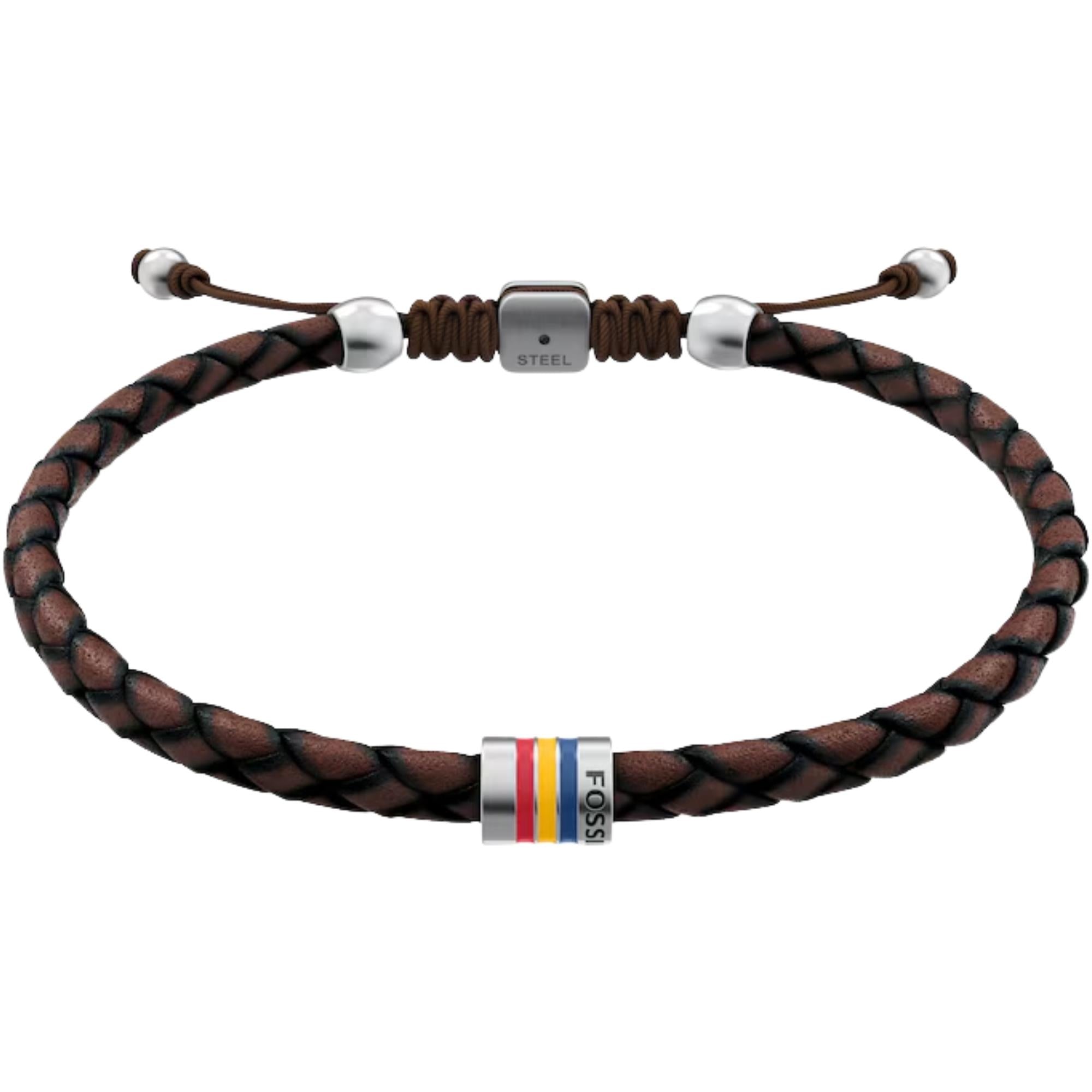 Fossil Everett Enamel Brown Leather Station Mens Bracelet JF05022040