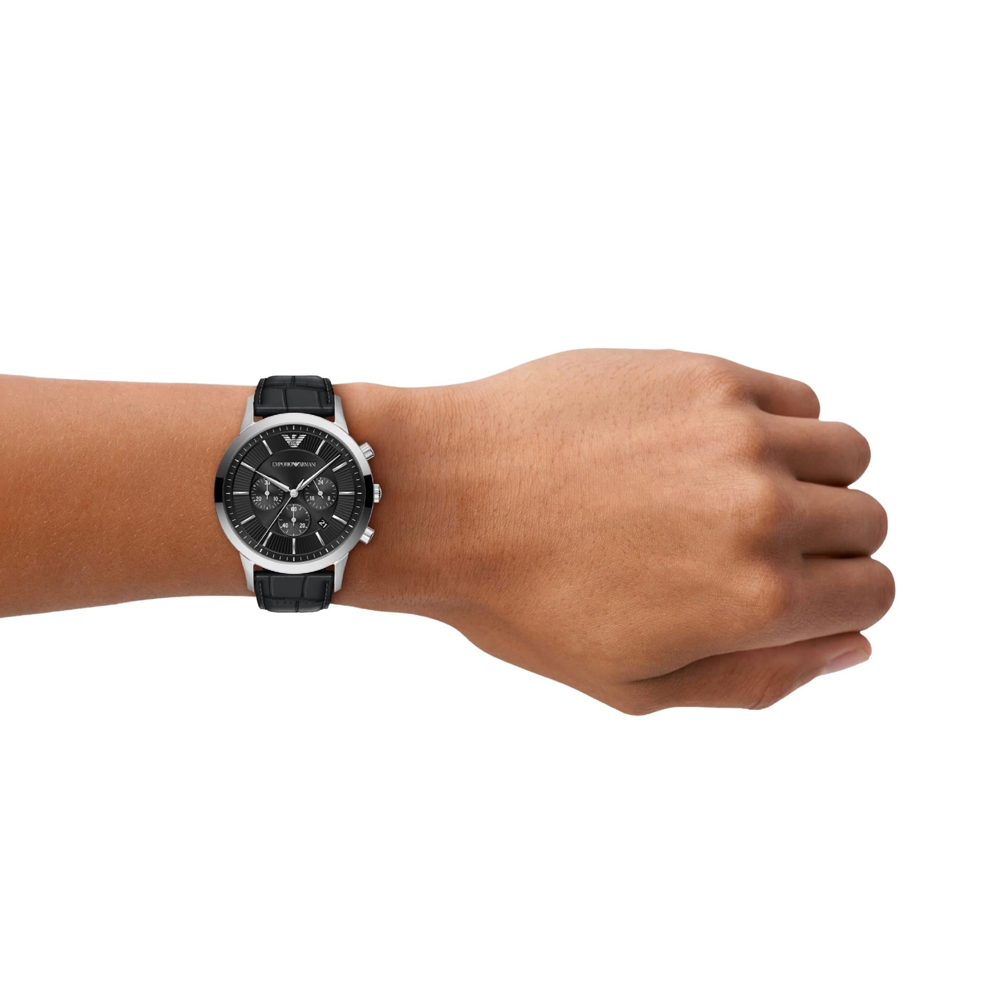 Emporio Armani Archetipo 43mm Chronograph Black Dial Leather Mens Quartz Watch AR11820