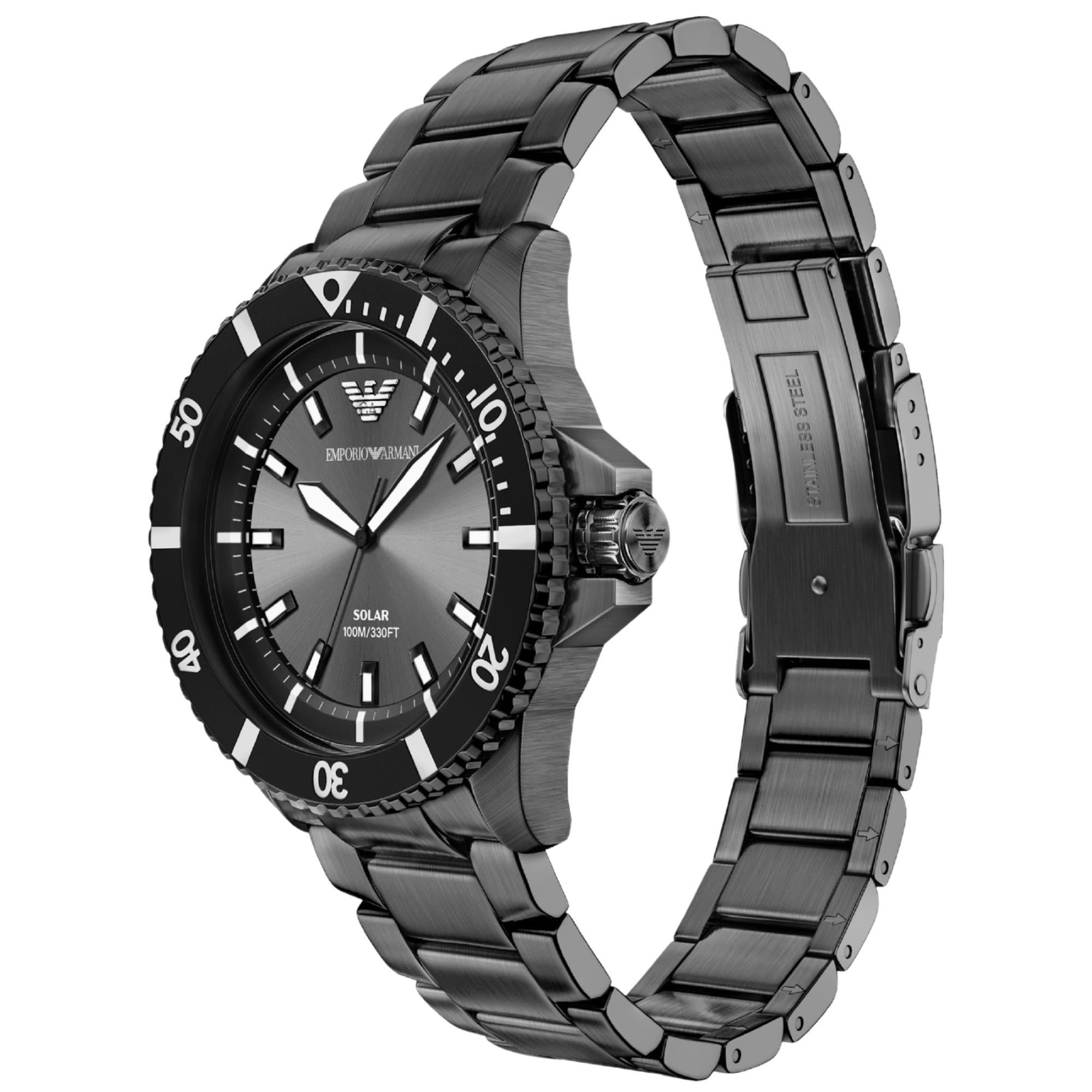 Emporio Armani World Explorer 42mm Solar Grey Dial Steel Mens Quartz Watch AR11831