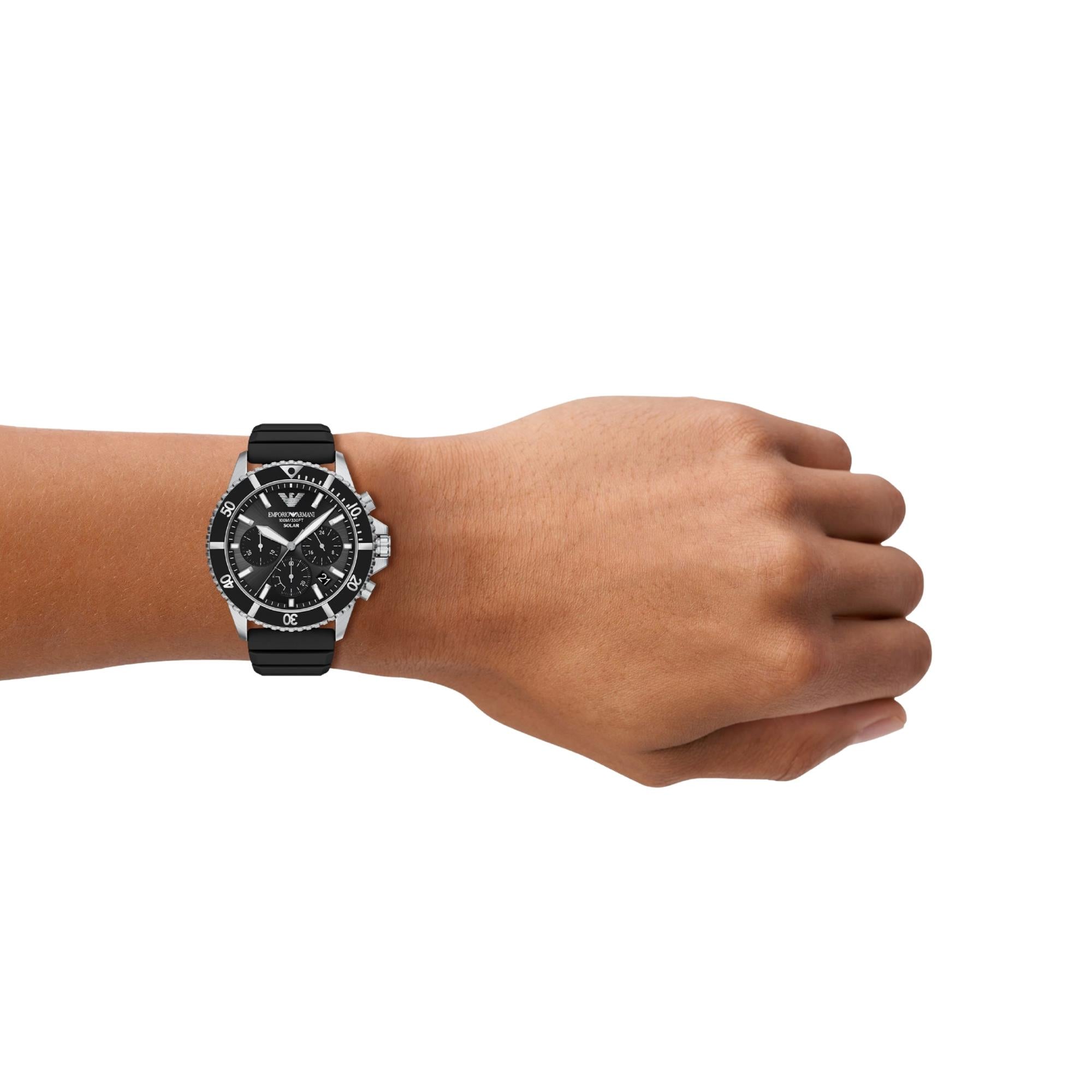Emporio Armani World Explorer 43mm Solar Chronograph Black Dial Silicone Mens Quartz Watch AR11830