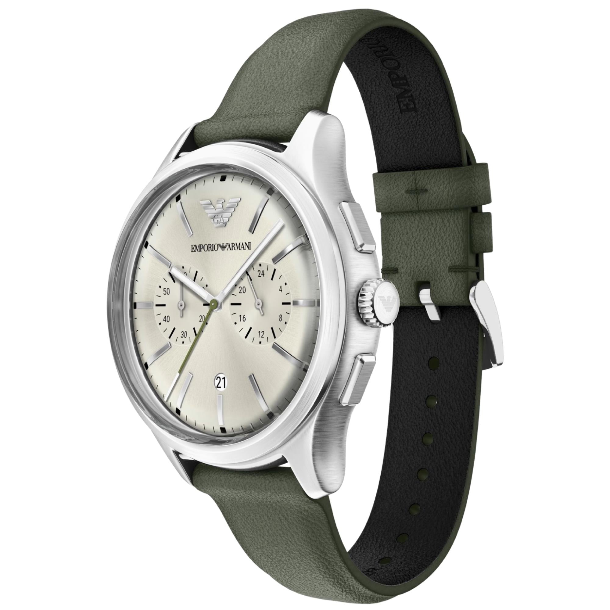 Emporio Armani Dario 42mm Chronograph Ivory Dial Leather Mens Quartz Watch AR11801