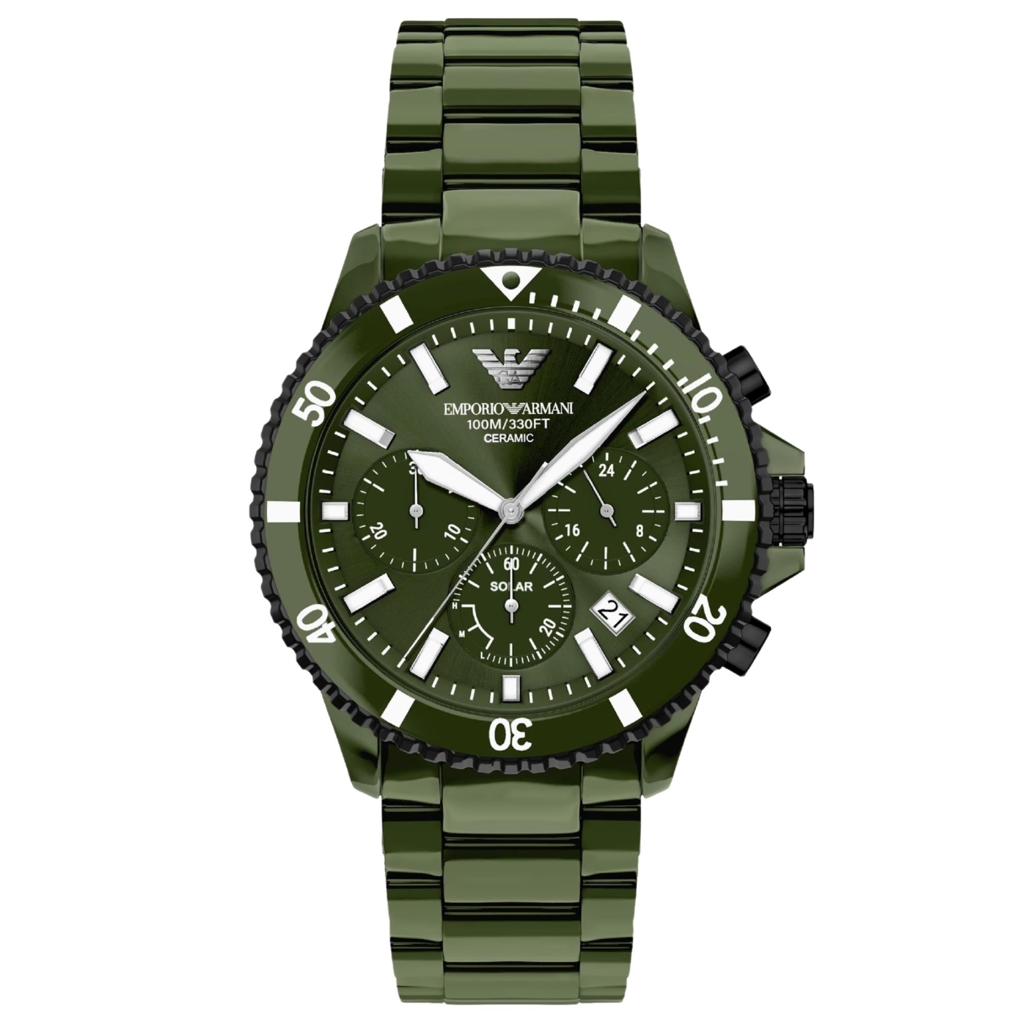 Emporio Armani World Explorer 44m Solar Chronograph Green Dial Ceramic Mens Quartz Watch AR70023