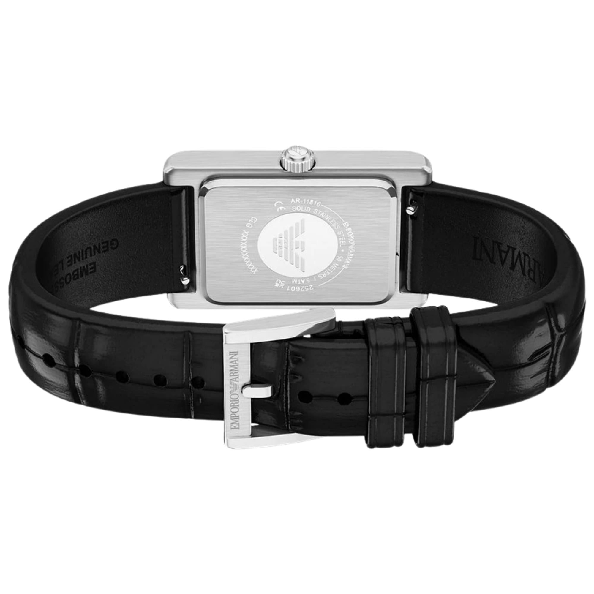 Emporio Armani Mystery Hour 25mm Jumping Hour Black Dial Leather Mens Quartz Watch AR11816