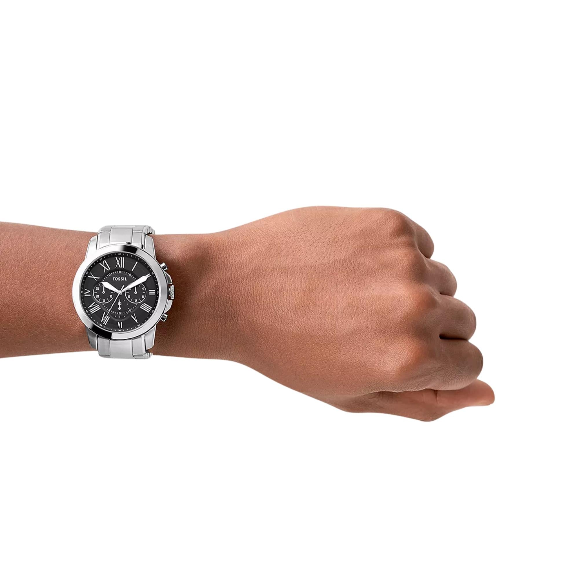 Fossil Grant 44mm Chronograph Black Dial Steel Mens Quartz Watch FS4736