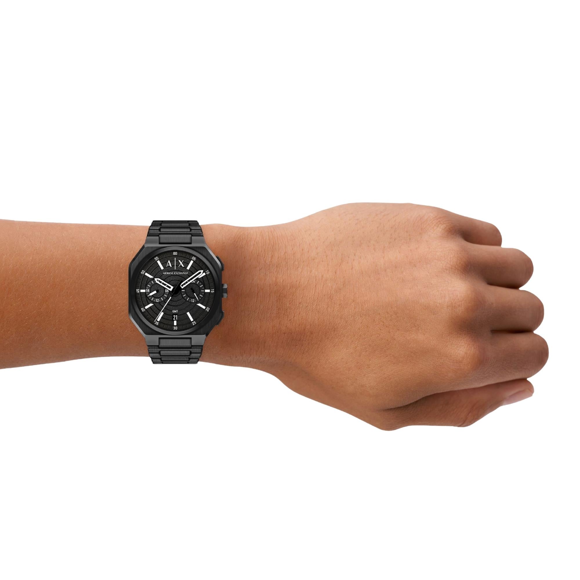 Armani Exchange Bass 40mm Dual-Time Black Dial Steel Mens Quartz Watch AX1478
