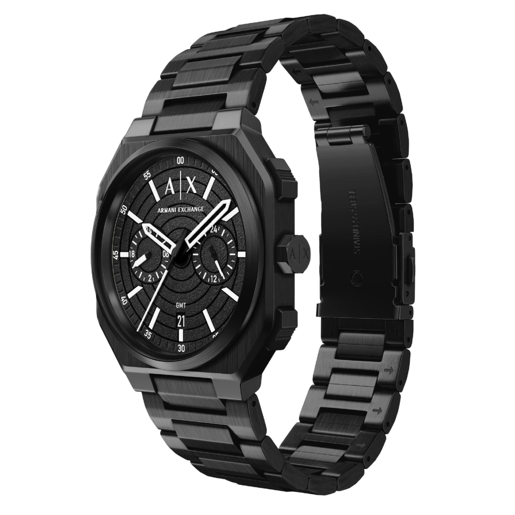 Armani Exchange Bass 40mm Dual-Time Black Dial Steel Mens Quartz Watch AX1478