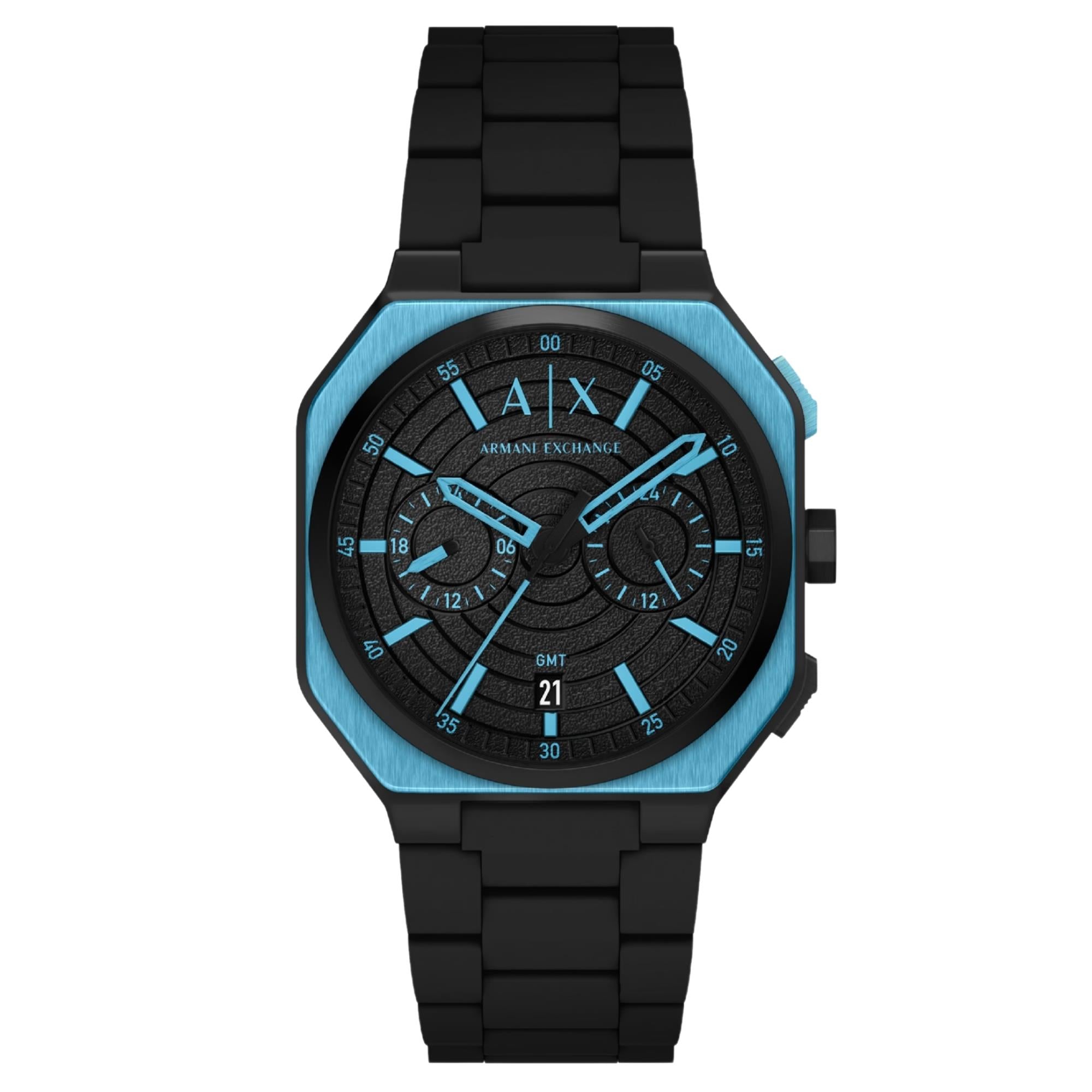 Armani Exchange Bass 40mm Dual-Time Black Dial Silicone Steel Mens Quartz Watch AX1480