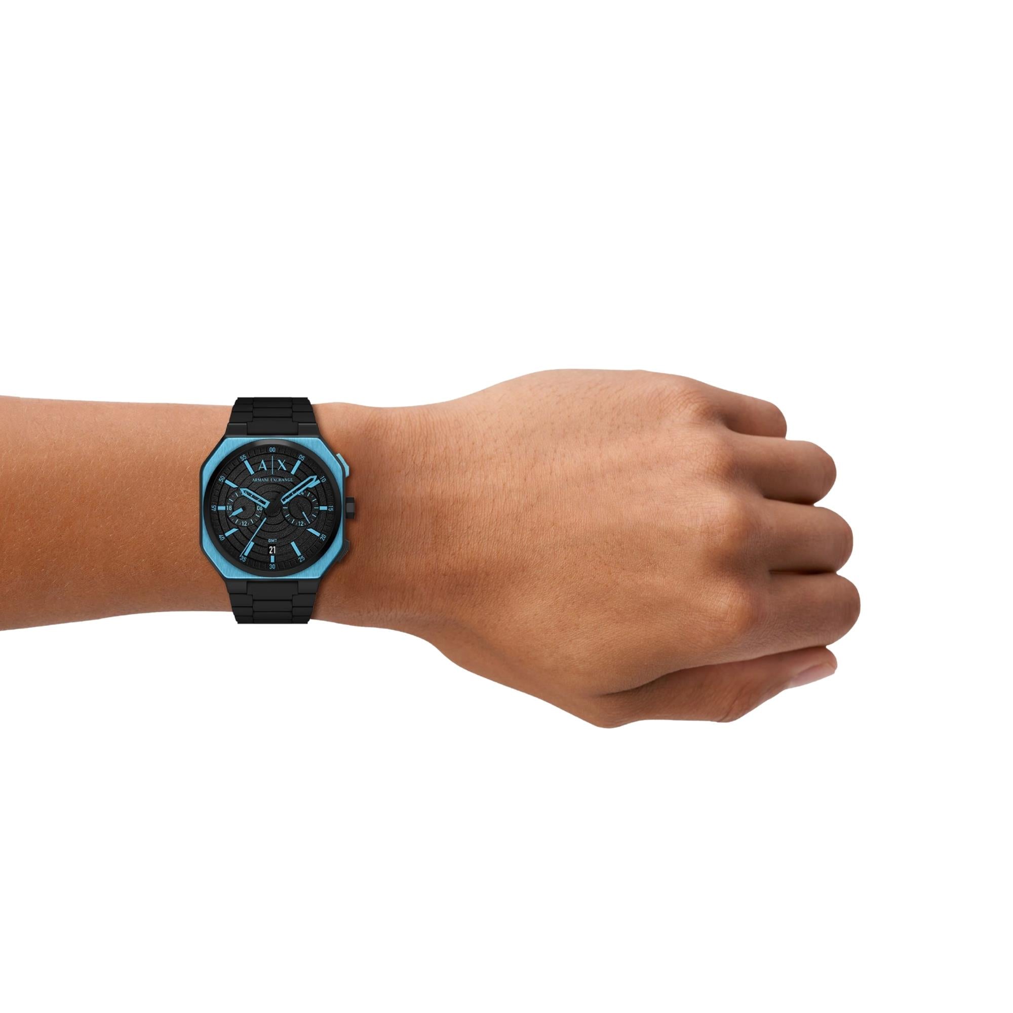 Armani Exchange Bass 40mm Dual-Time Black Dial Silicone Steel Mens Quartz Watch AX1480