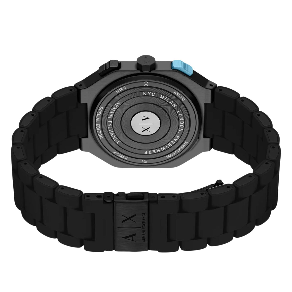 Armani Exchange Bass 40mm Dual-Time Black Dial Silicone Steel Mens Quartz Watch AX1480