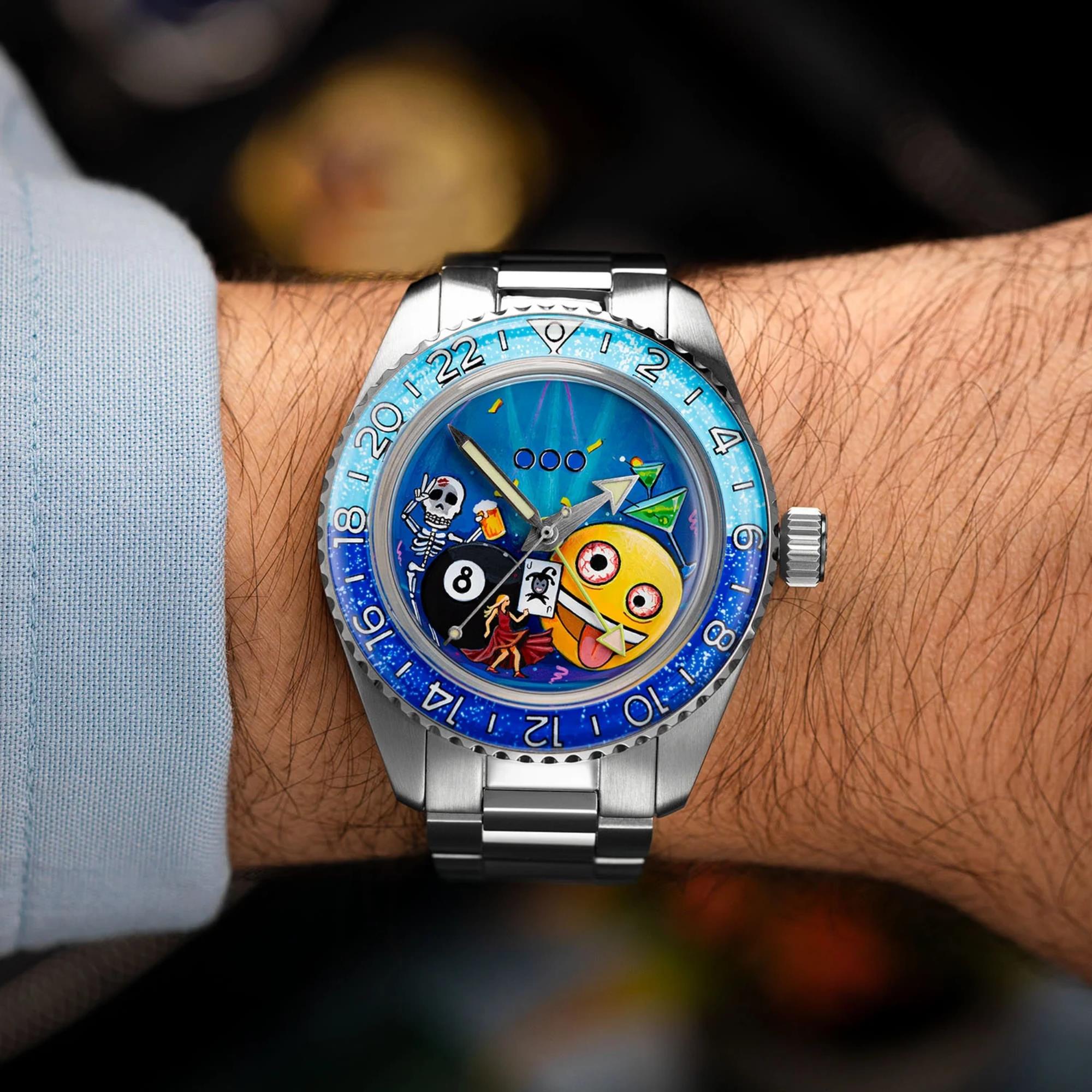 Out of Order x IFL Watches Shaker 'Happy Hour' 40mm Hand-Painted Dial Steel Mens Automatic Watch OOO.001-25.HH.BAND.SS