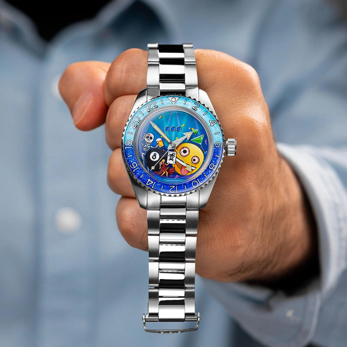 Out of Order x IFL Watches Shaker 'Happy Hour' 40mm Hand-Painted Dial Steel Mens Automatic Watch OOO.001-25.HH.BAND.SS