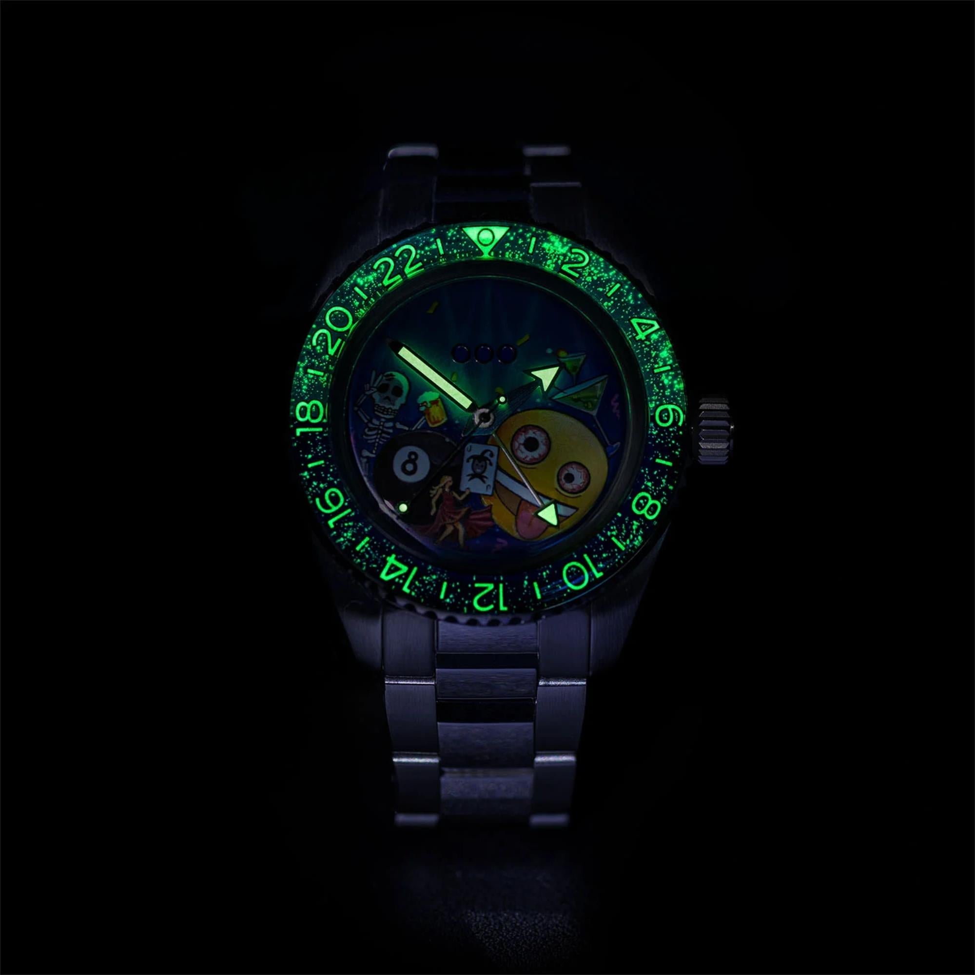 Out of Order x IFL Watches Shaker 'Happy Hour' 40mm Hand-Painted Dial Steel Mens Automatic Watch OOO.001-25.HH.BAND.SS