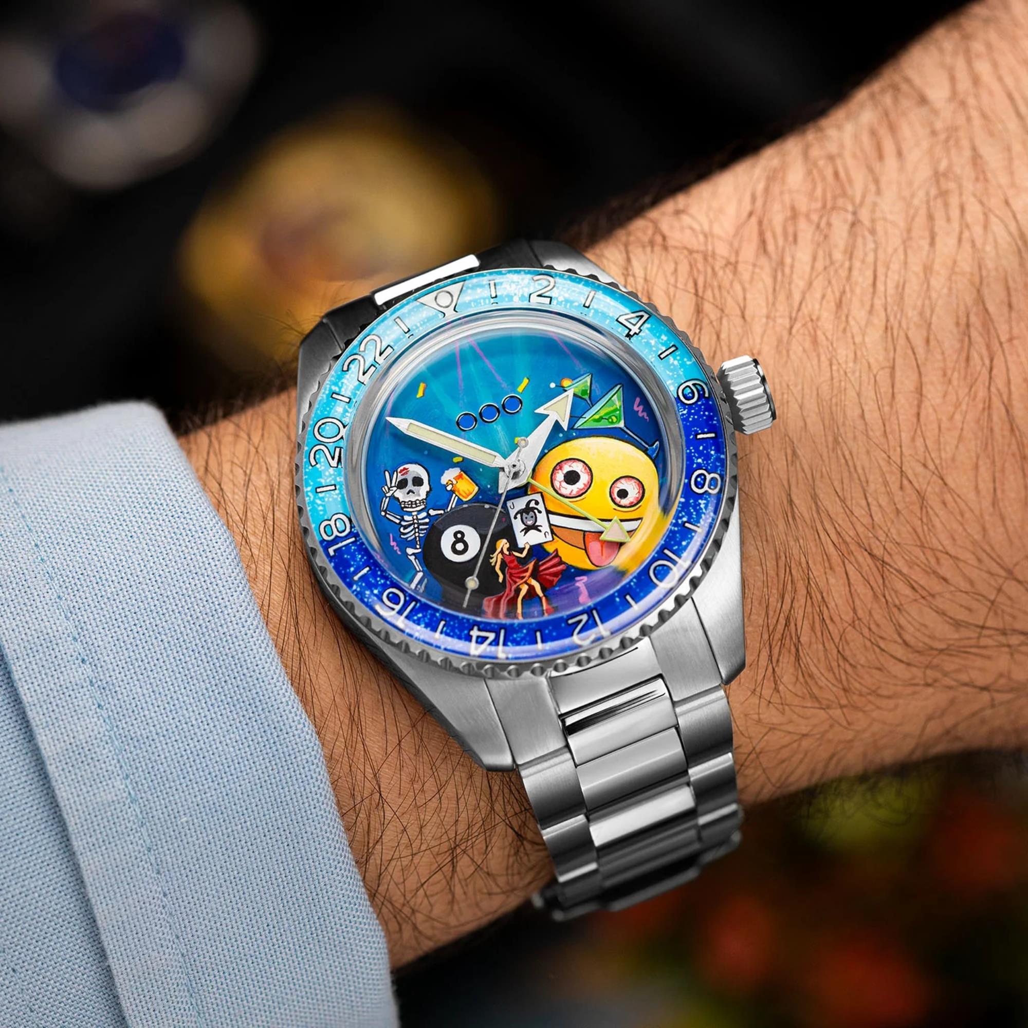 Out of Order x IFL Watches Shaker 'Happy Hour' 40mm Hand-Painted Dial Steel Mens Automatic Watch OOO.001-25.HH.BAND.SS