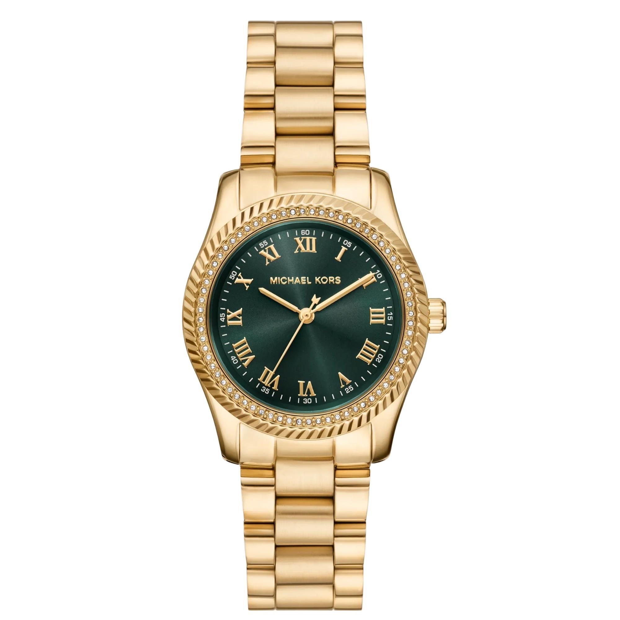 Michael Kors Lexington Pavé 33mm Green Dial Steel Ladies Quartz Watch MK7622