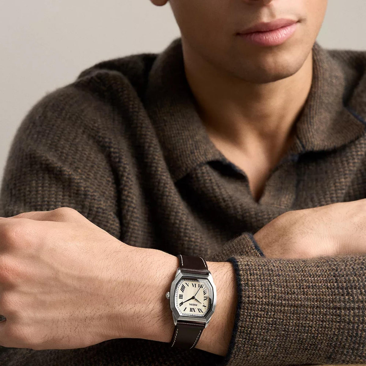 Fossil Harlow 33mm Cream Dial Leather Mens Quartz Watch FS6214