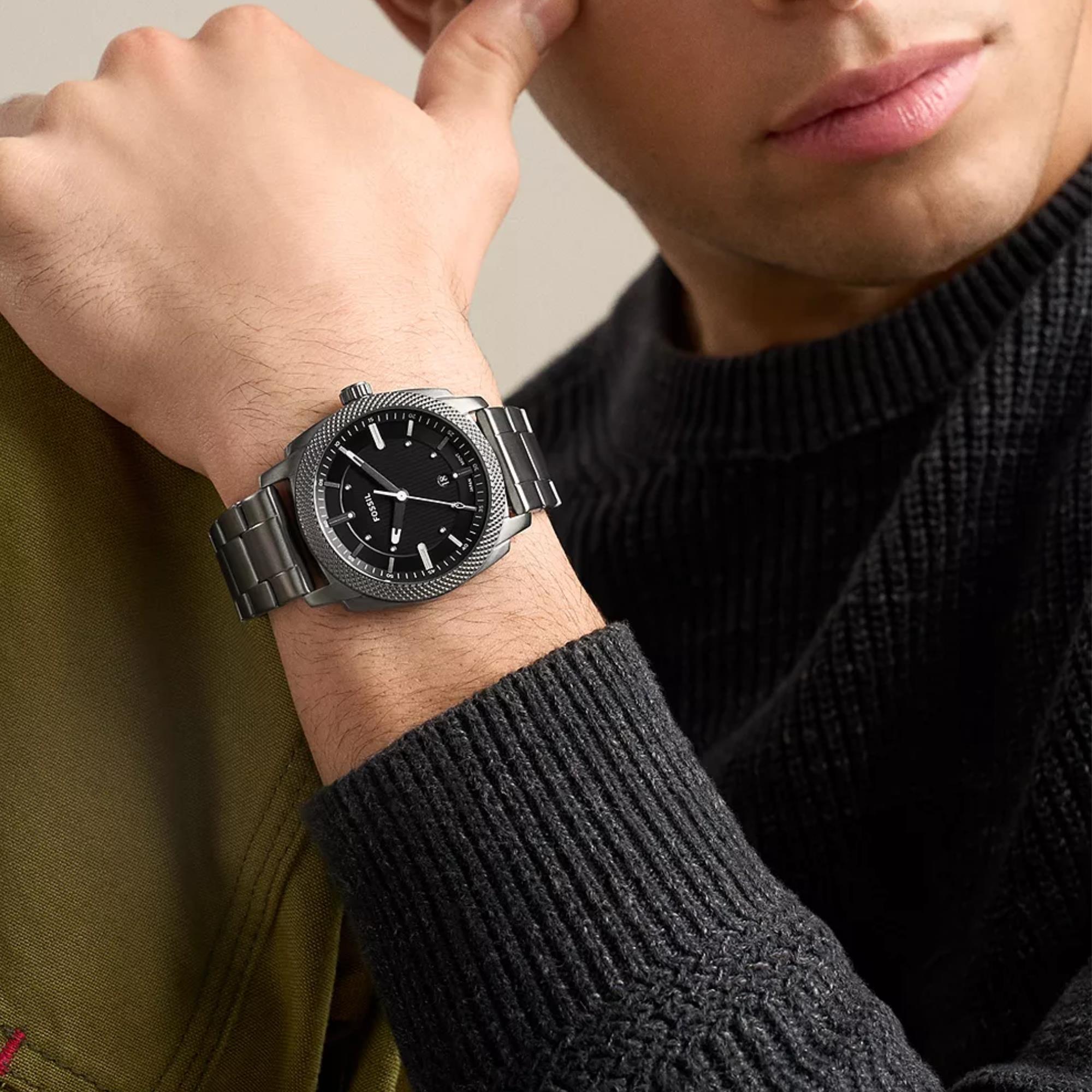 Fossil Machine 41mm Black Dial Steel Mens Quartz Watch FS6185